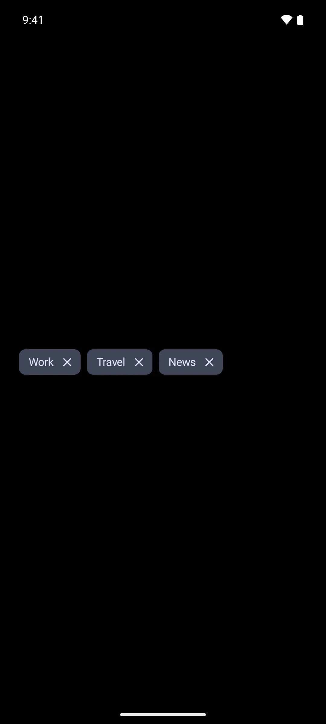 Three input chips labeled Work, Travel, and News, each with a close icon