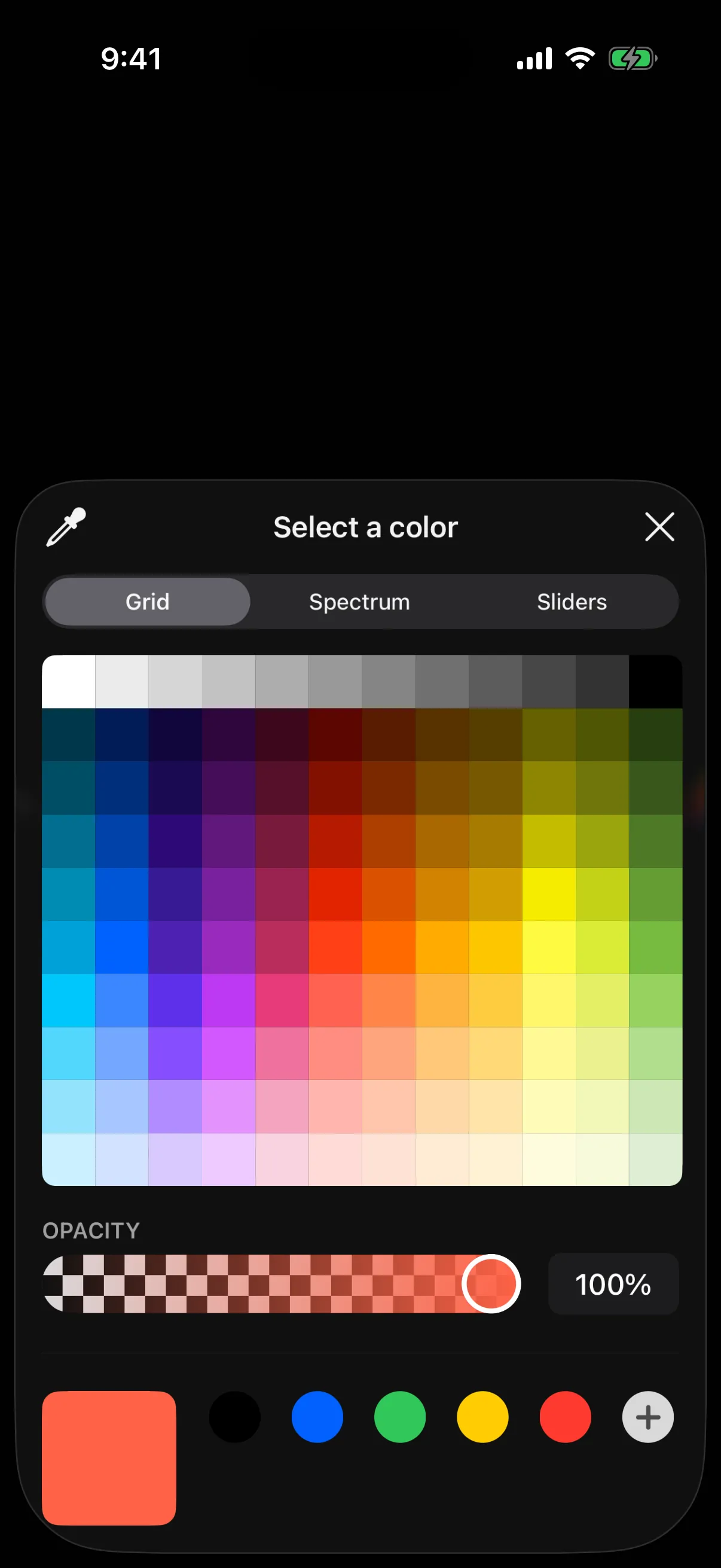 The system color picker sheet open on the Grid tab, with opacity at 100 percent