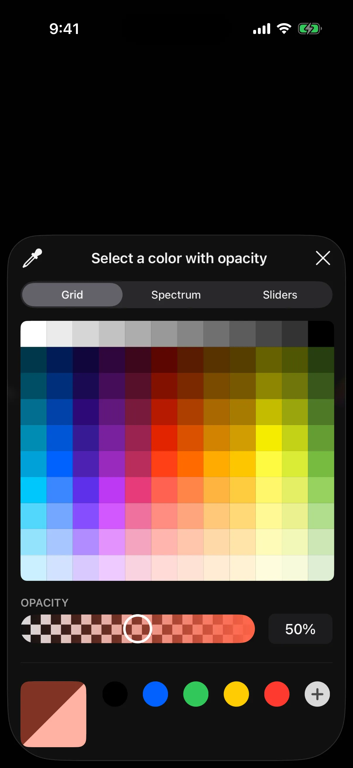 The system color picker sheet open on the Grid tab, with opacity at 50 percent