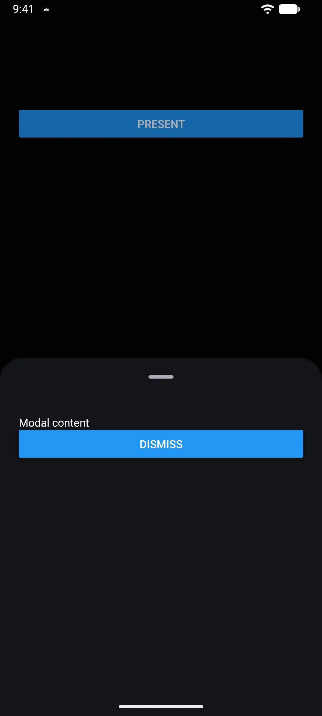 A half-height modal sheet with Modal content and a Dismiss button