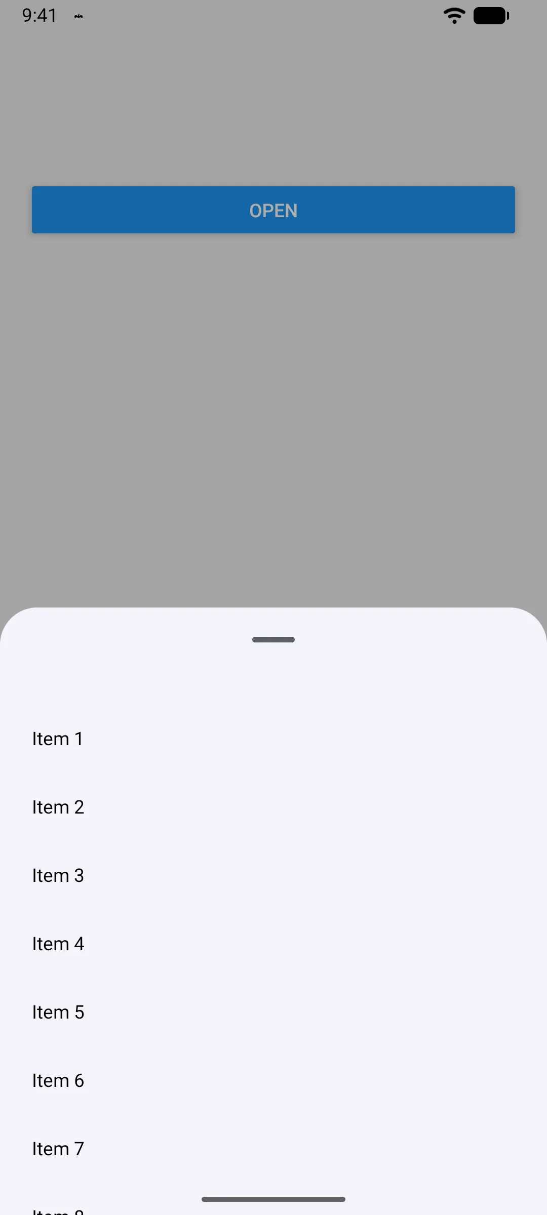 A half-height sheet listing scrollable items