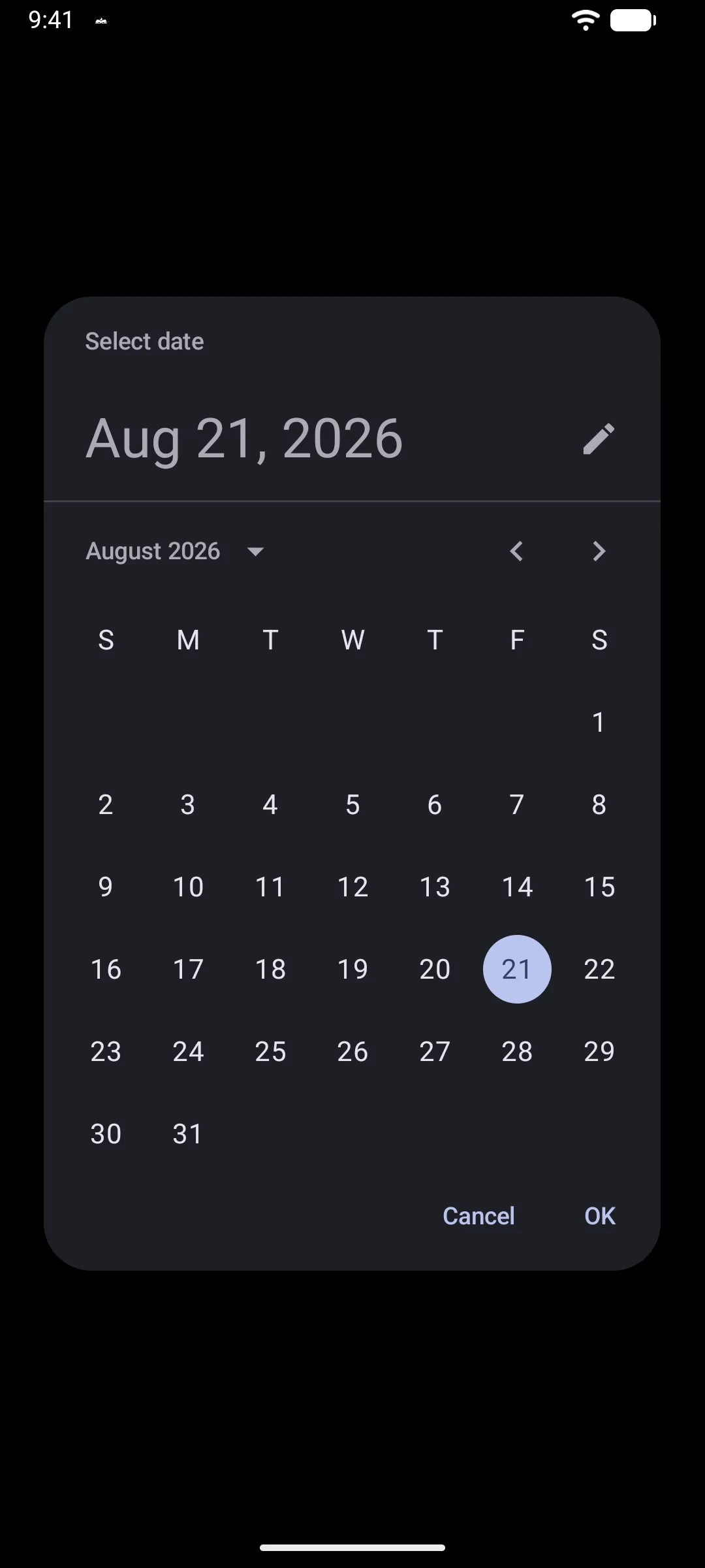 A Material 3 date picker dialog for August 2026