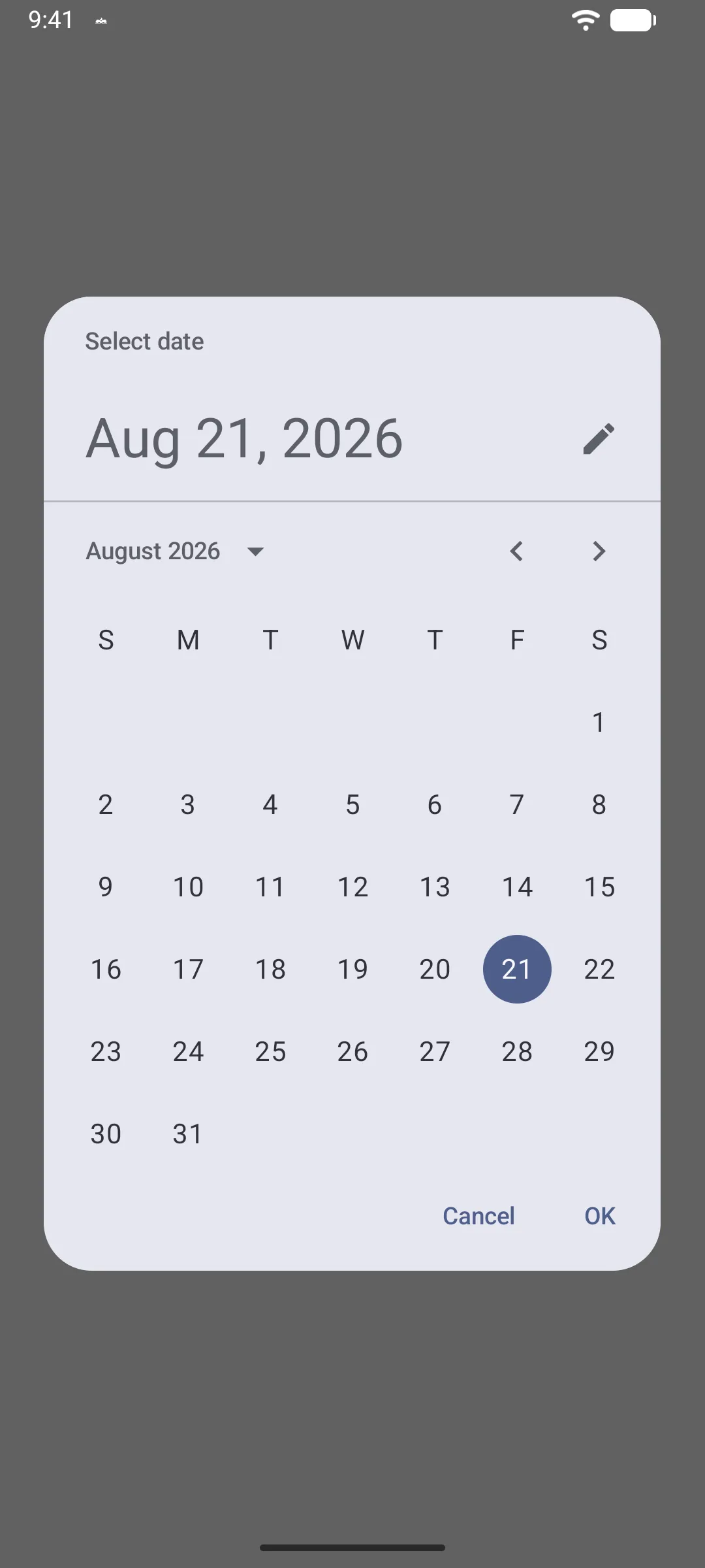 A Material 3 date picker dialog for August 2026