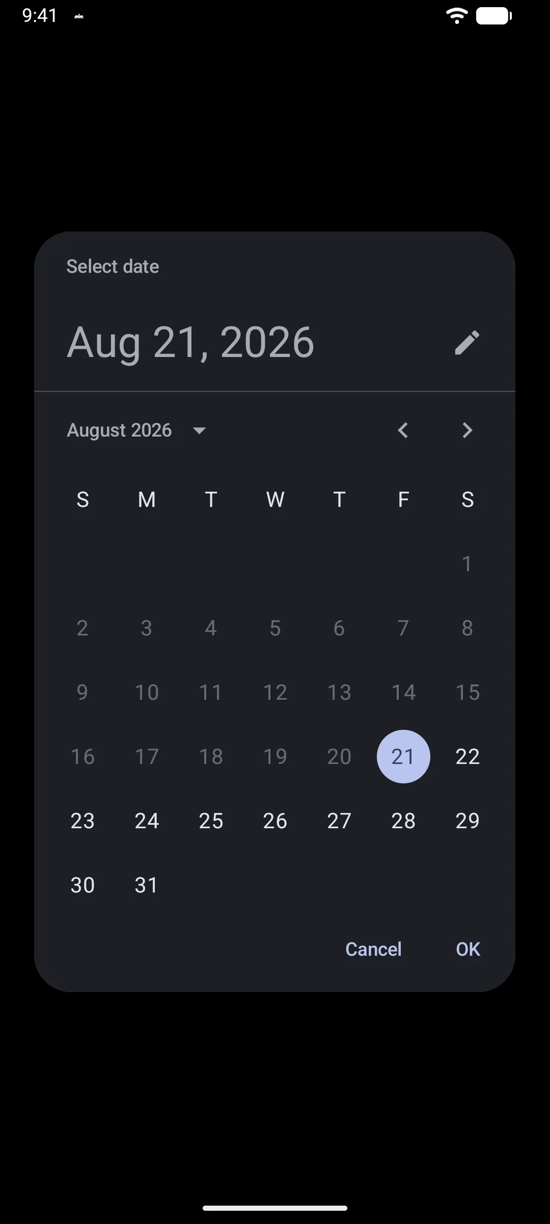 A date picker dialog with the dates before today greyed out
