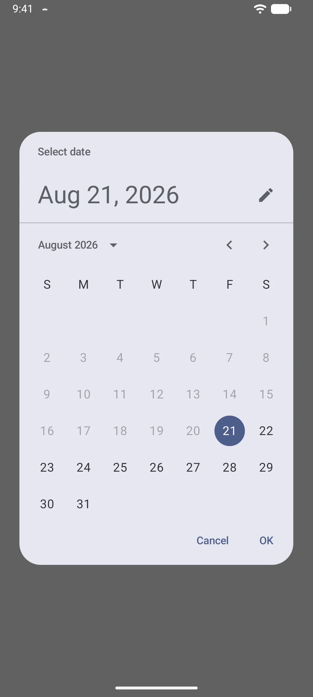A date picker dialog with the dates before today greyed out