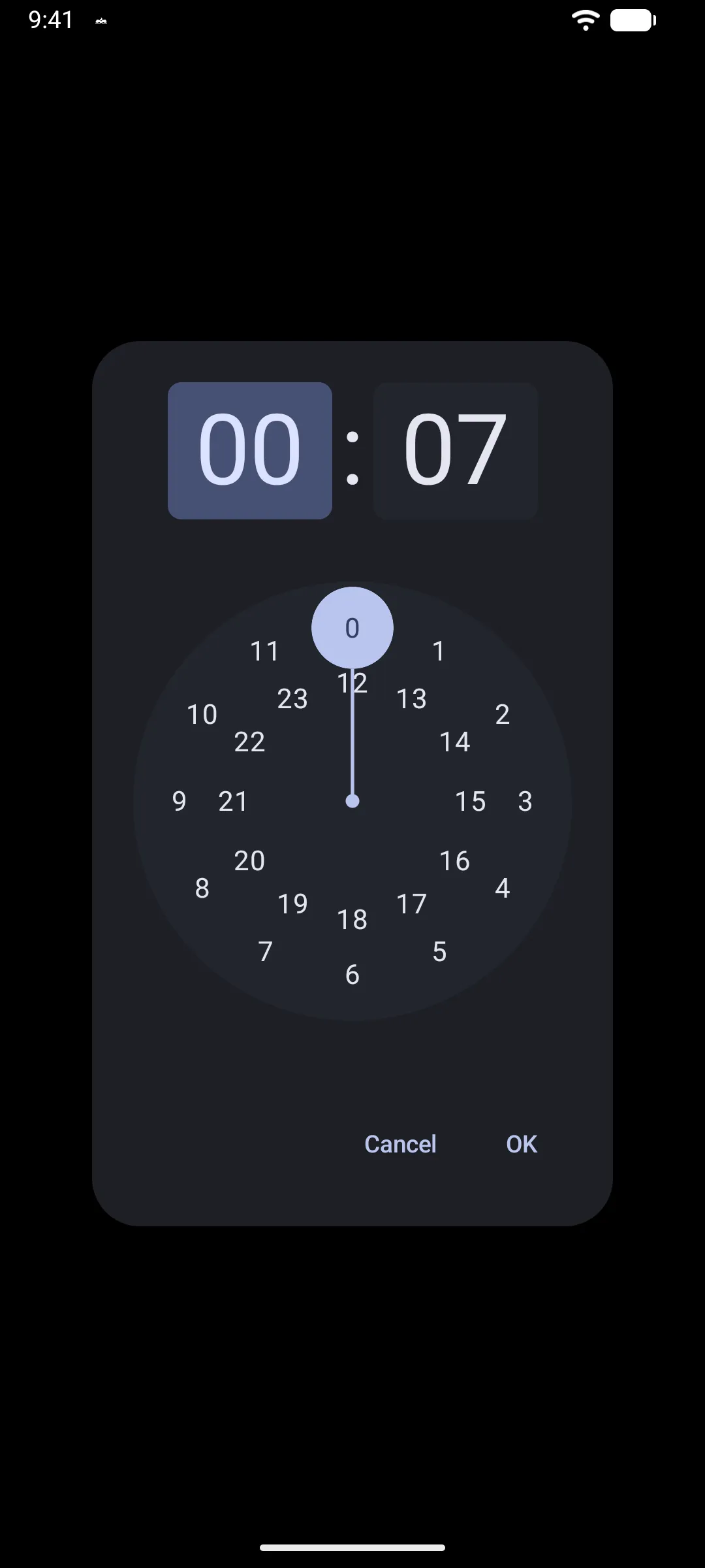 A Material 3 time picker dialog with a clock face