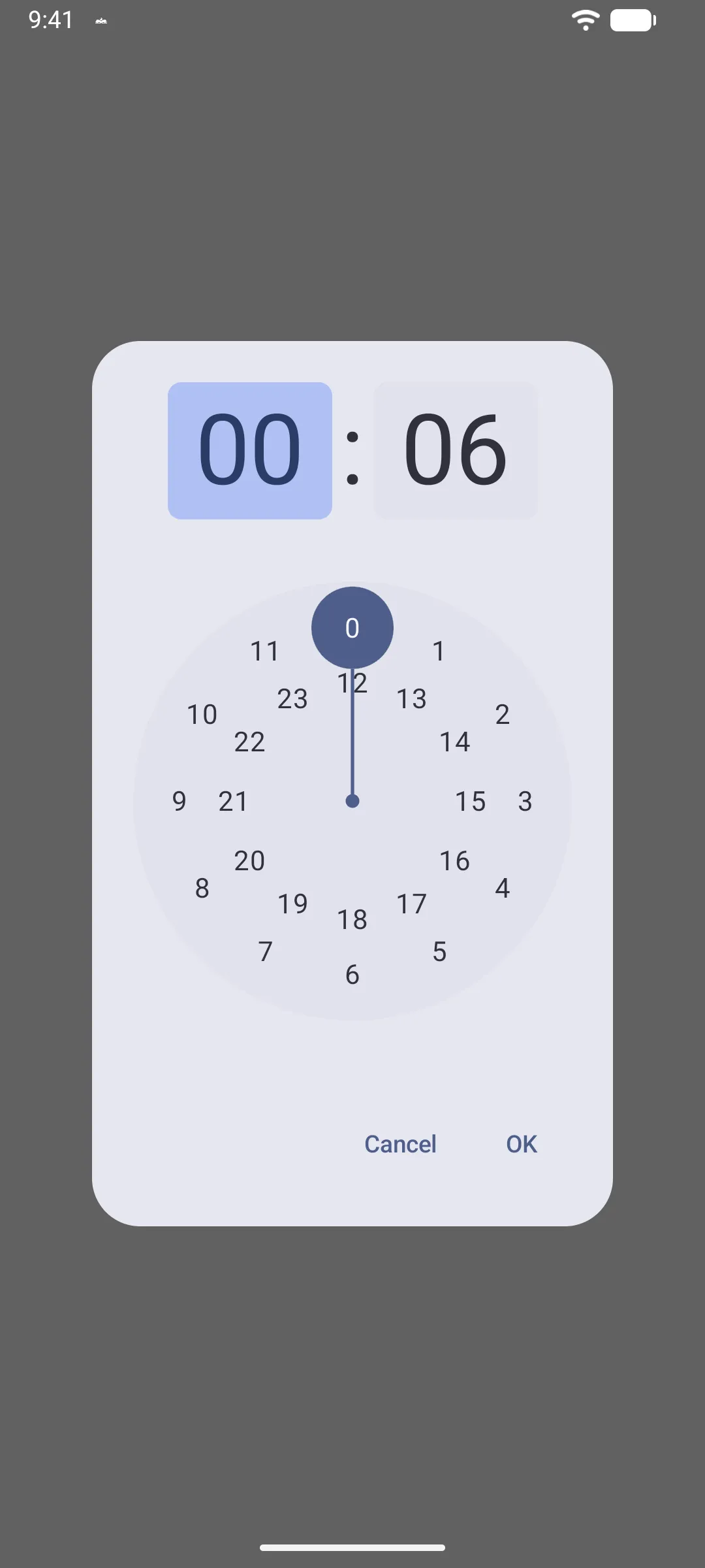 A Material 3 time picker dialog with a clock face