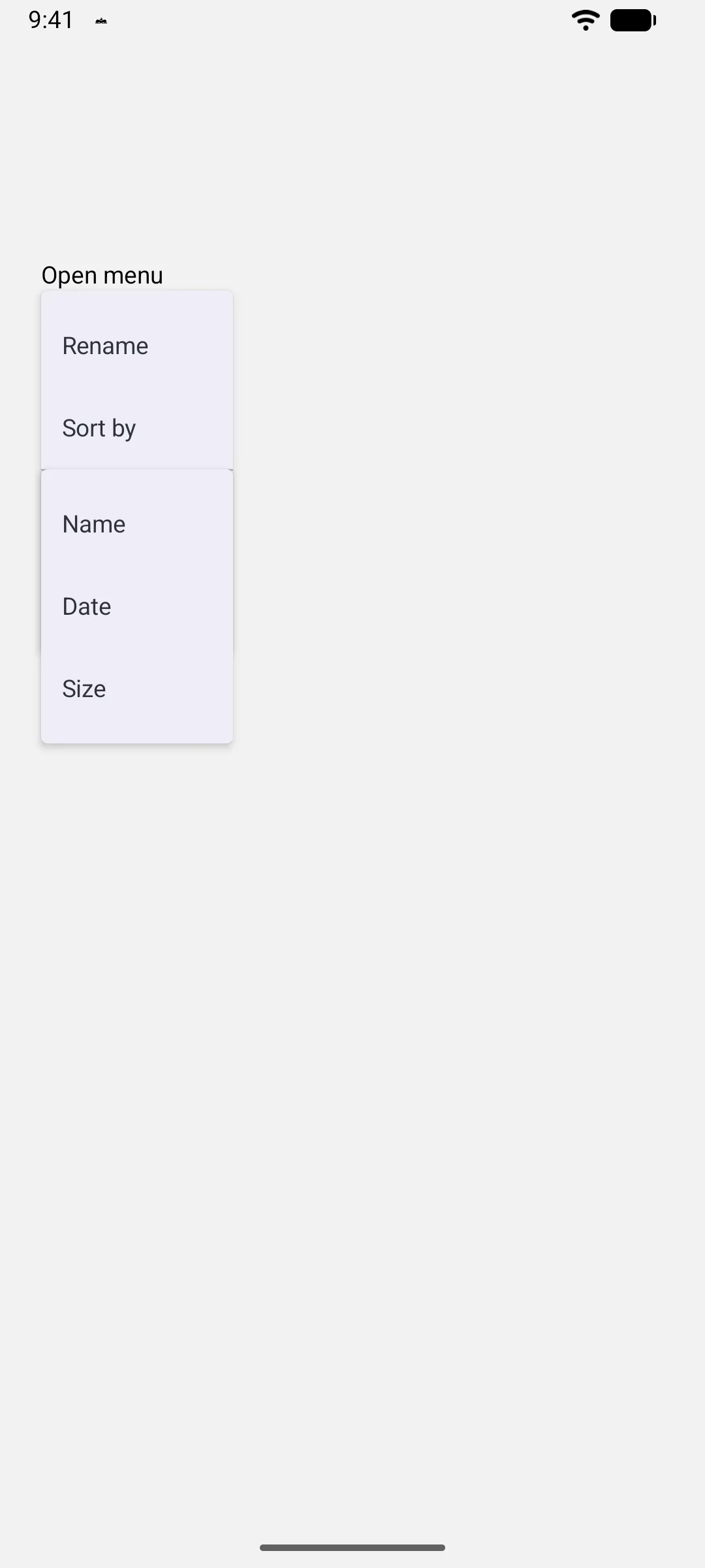 An open menu with the Sort by submenu expanded