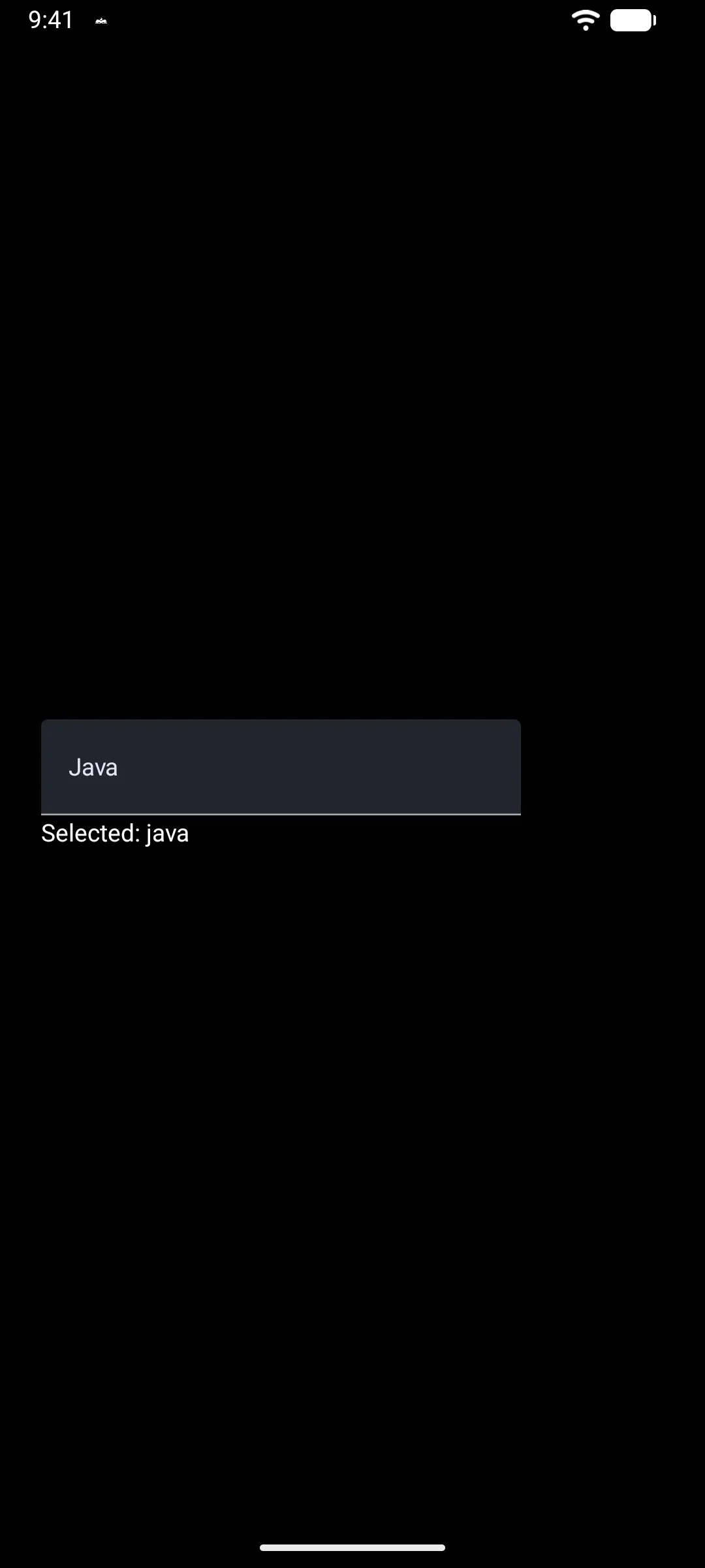 A dropdown field showing Java above a Selected label