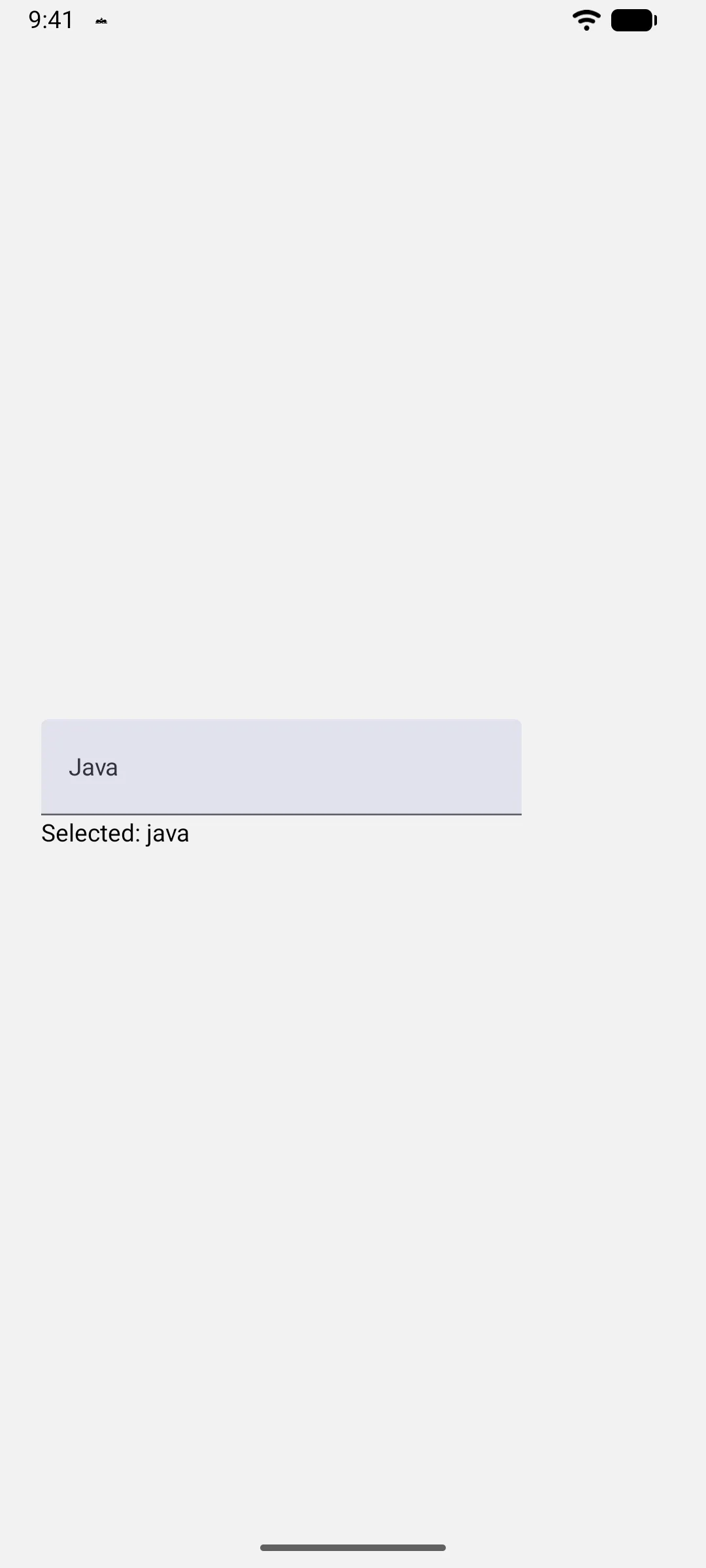 A dropdown field showing Java above a Selected label