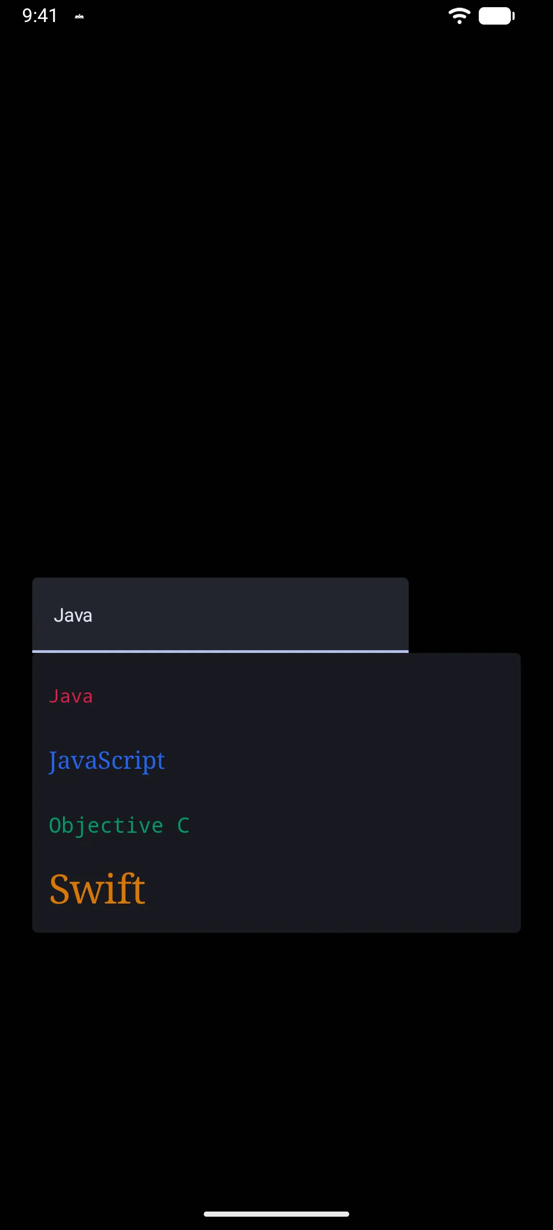 An open dropdown with each language in its own color and font