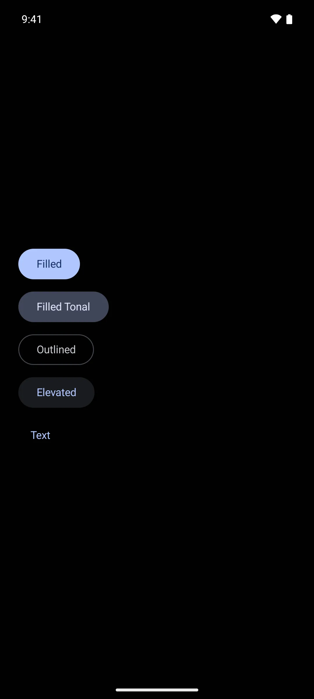Filled, filled tonal, outlined, elevated, and text buttons stacked in a column