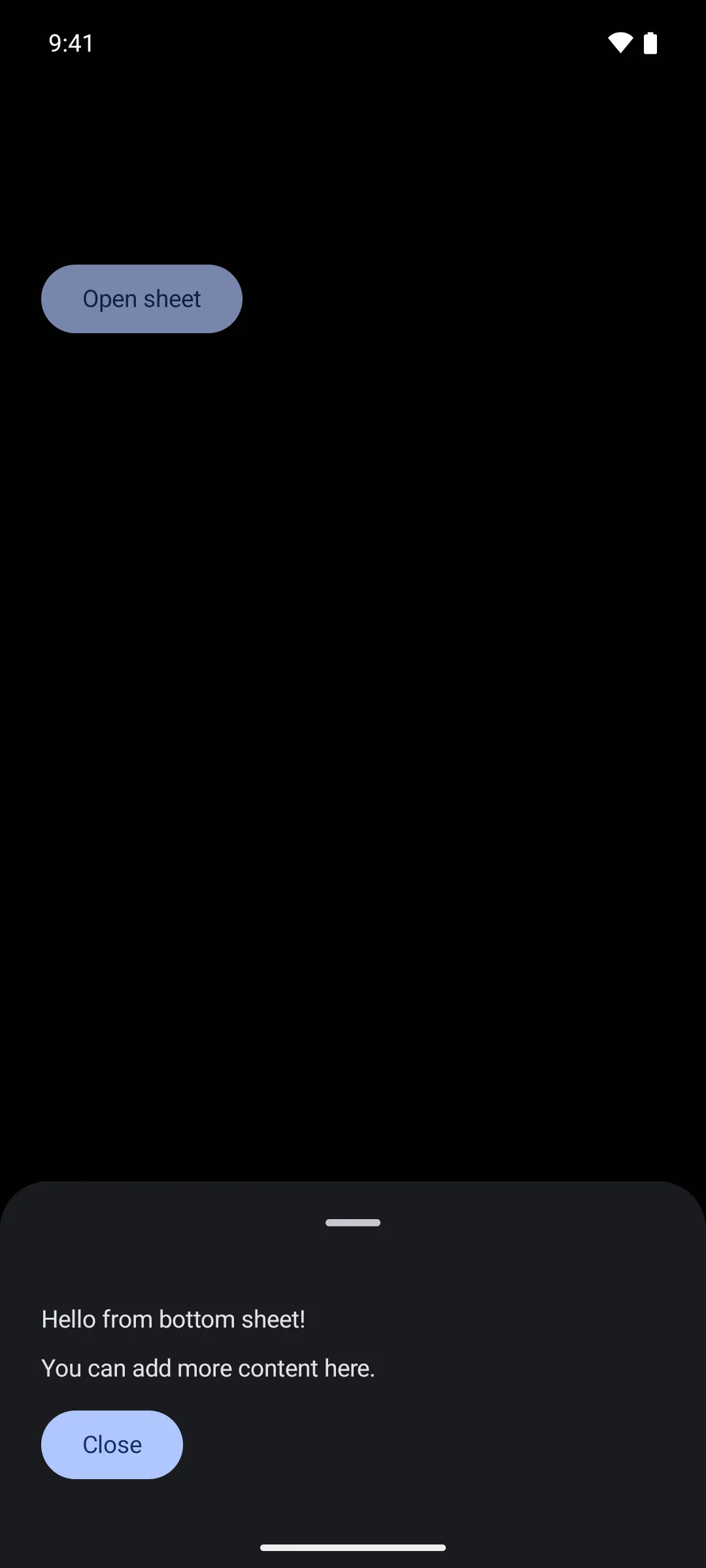 A bottom sheet resting at its partial height with two lines of text and a Close button