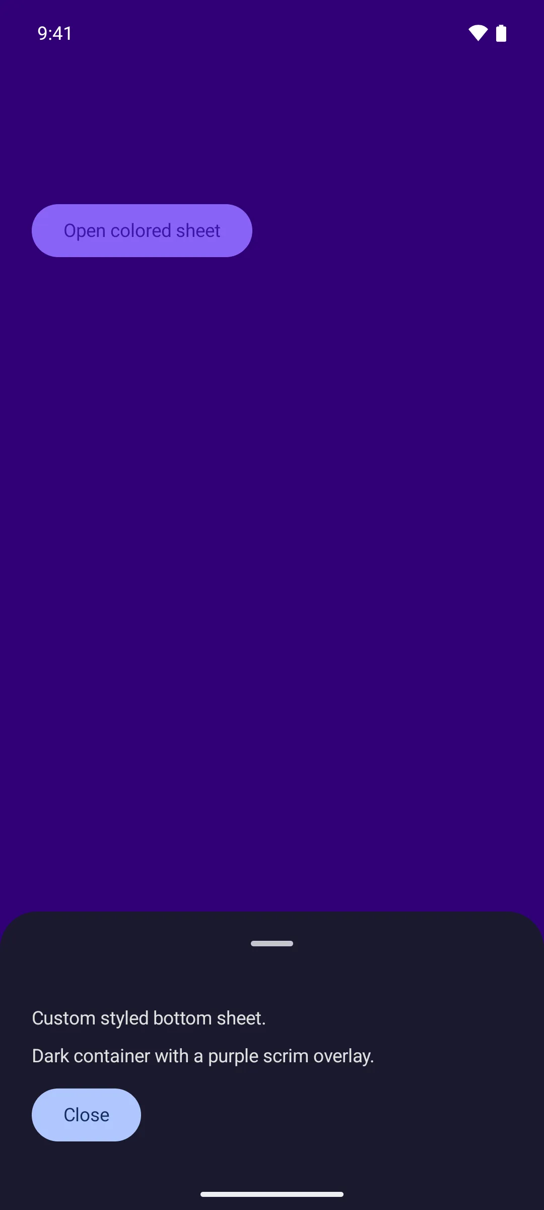 A dark bottom sheet behind a purple scrim overlay