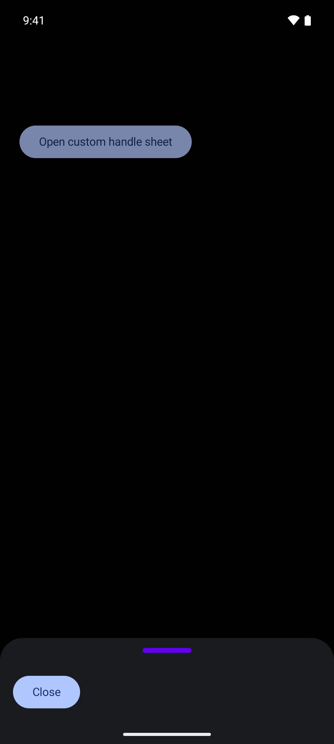 A bottom sheet with a wide purple drag handle in place of the default one