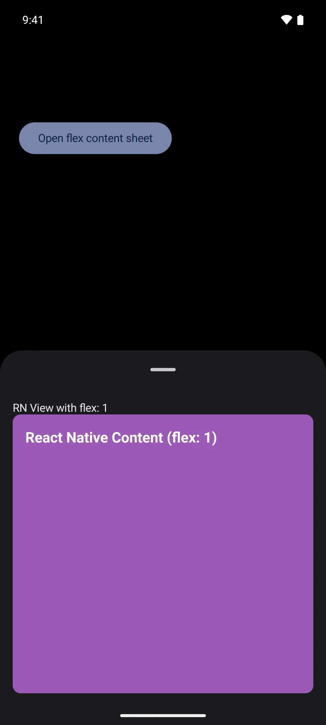 A bottom sheet filled by a purple React Native view that stretches to the sheet height