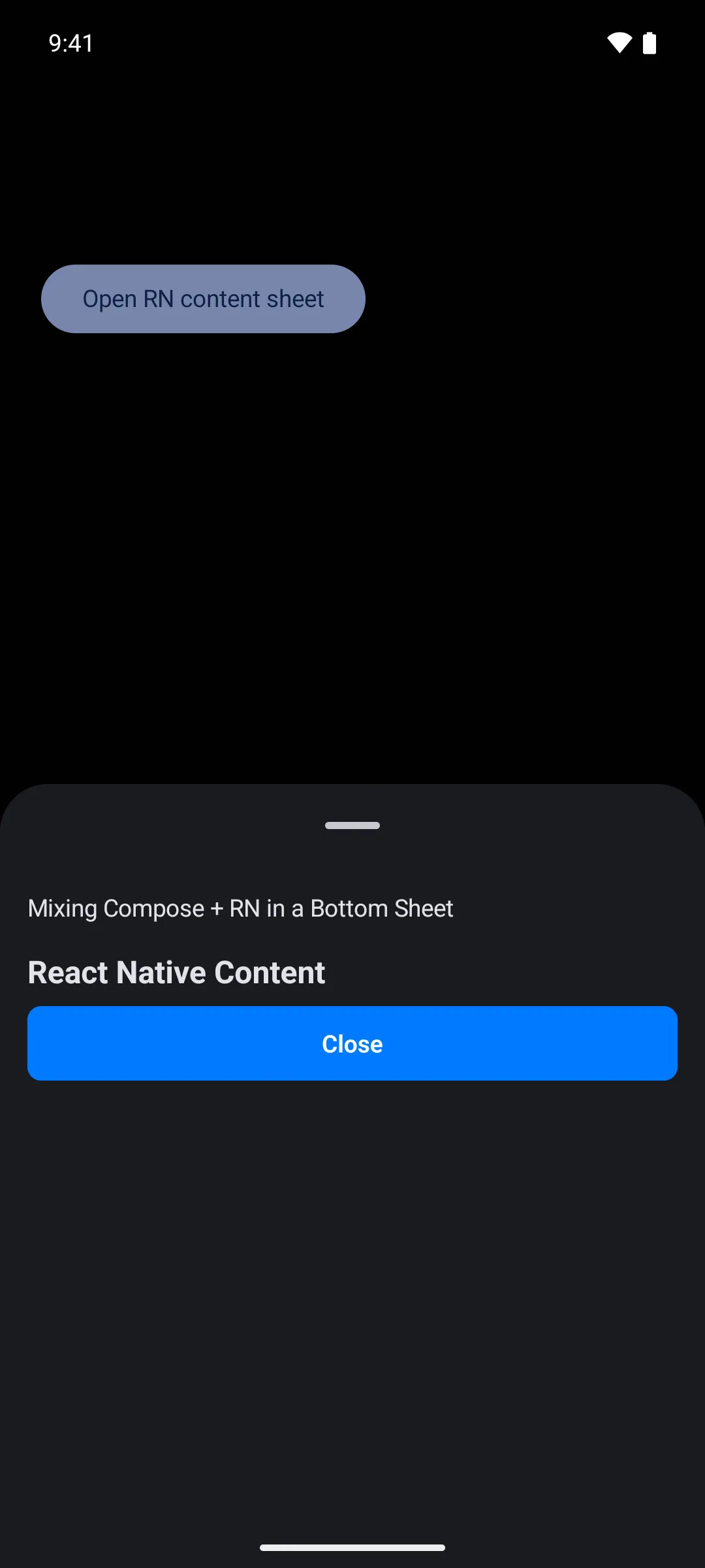 A bottom sheet mixing a Compose label with a React Native heading and blue Close button