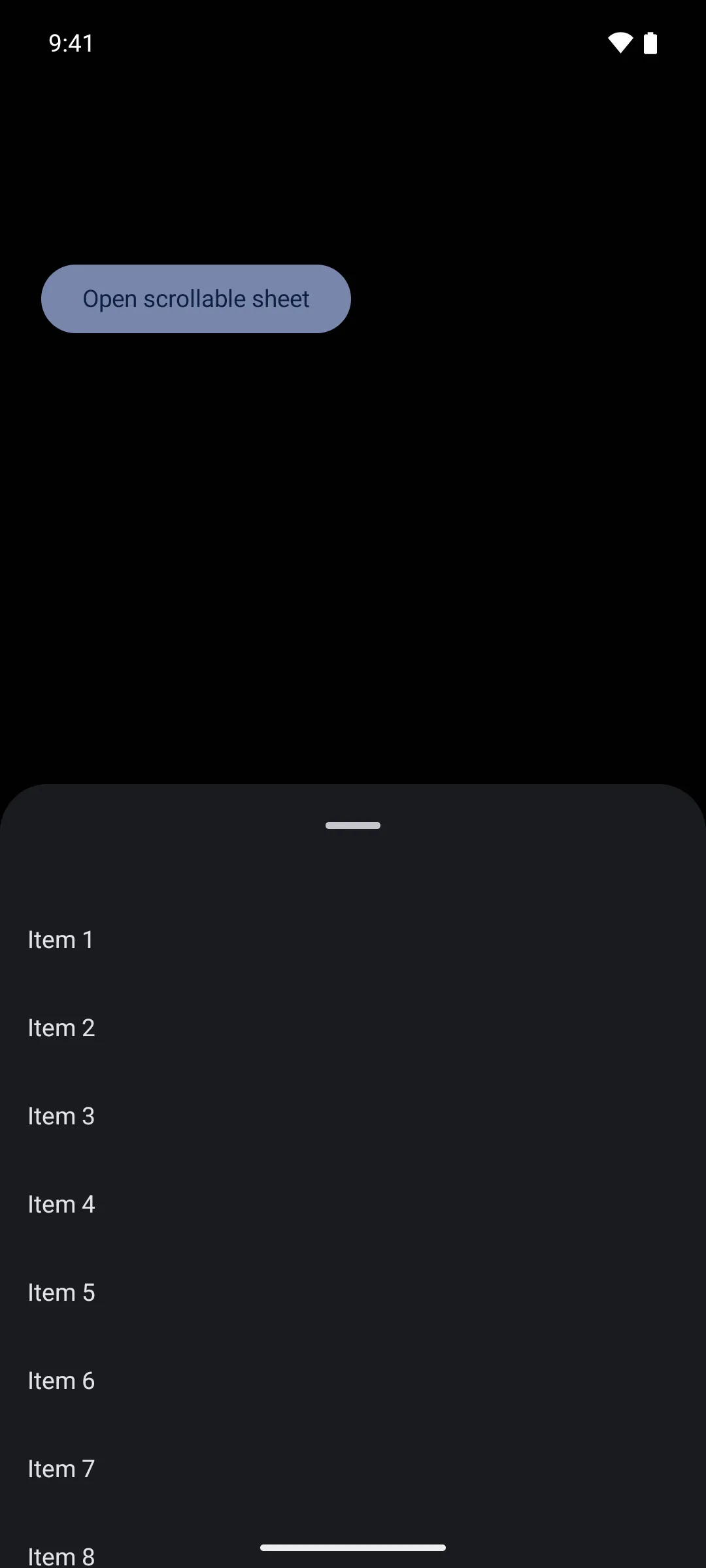A bottom sheet holding a scrollable React Native list of items
