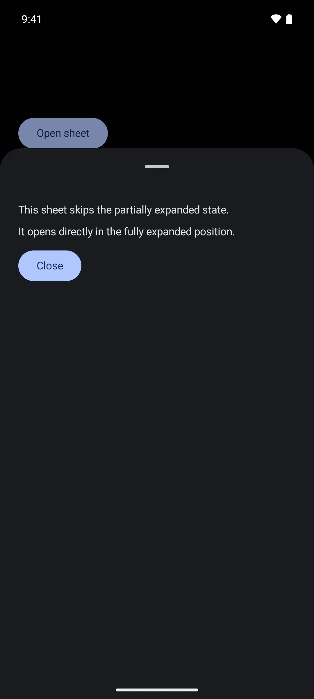 A bottom sheet opened straight to its fully expanded height