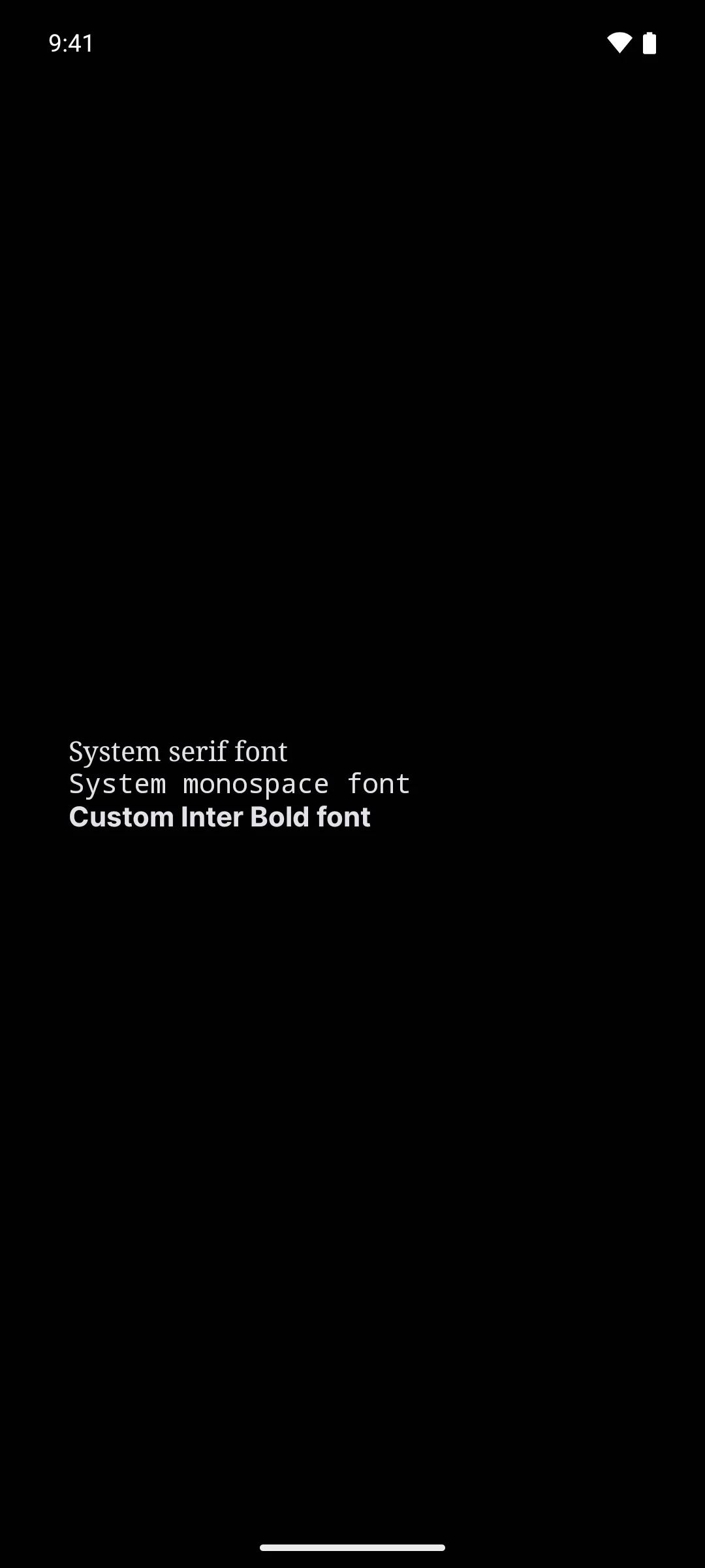 Three lines rendered in the system serif, system monospace, and Inter Bold fonts