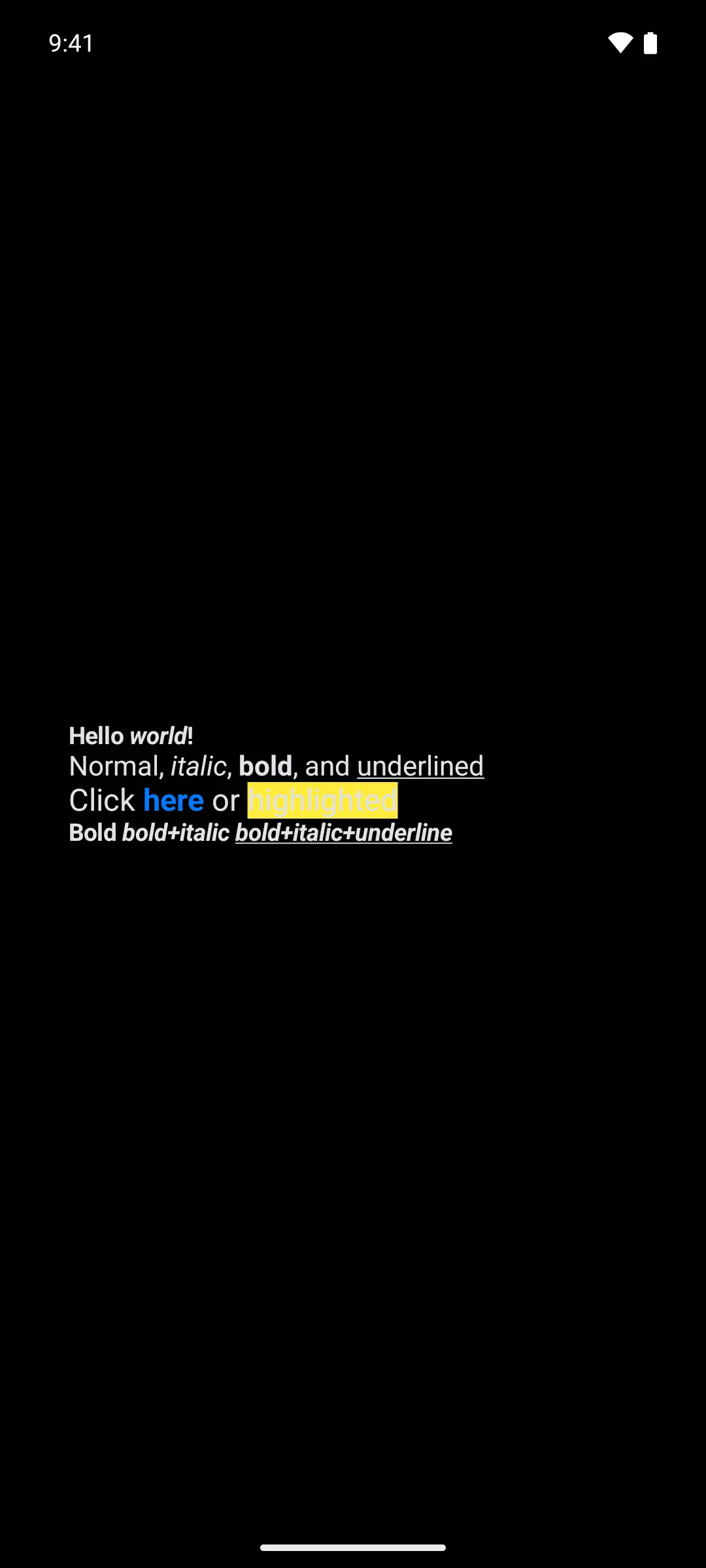 Four sentences with inline spans in italic, bold, underline, blue, and a yellow highlight