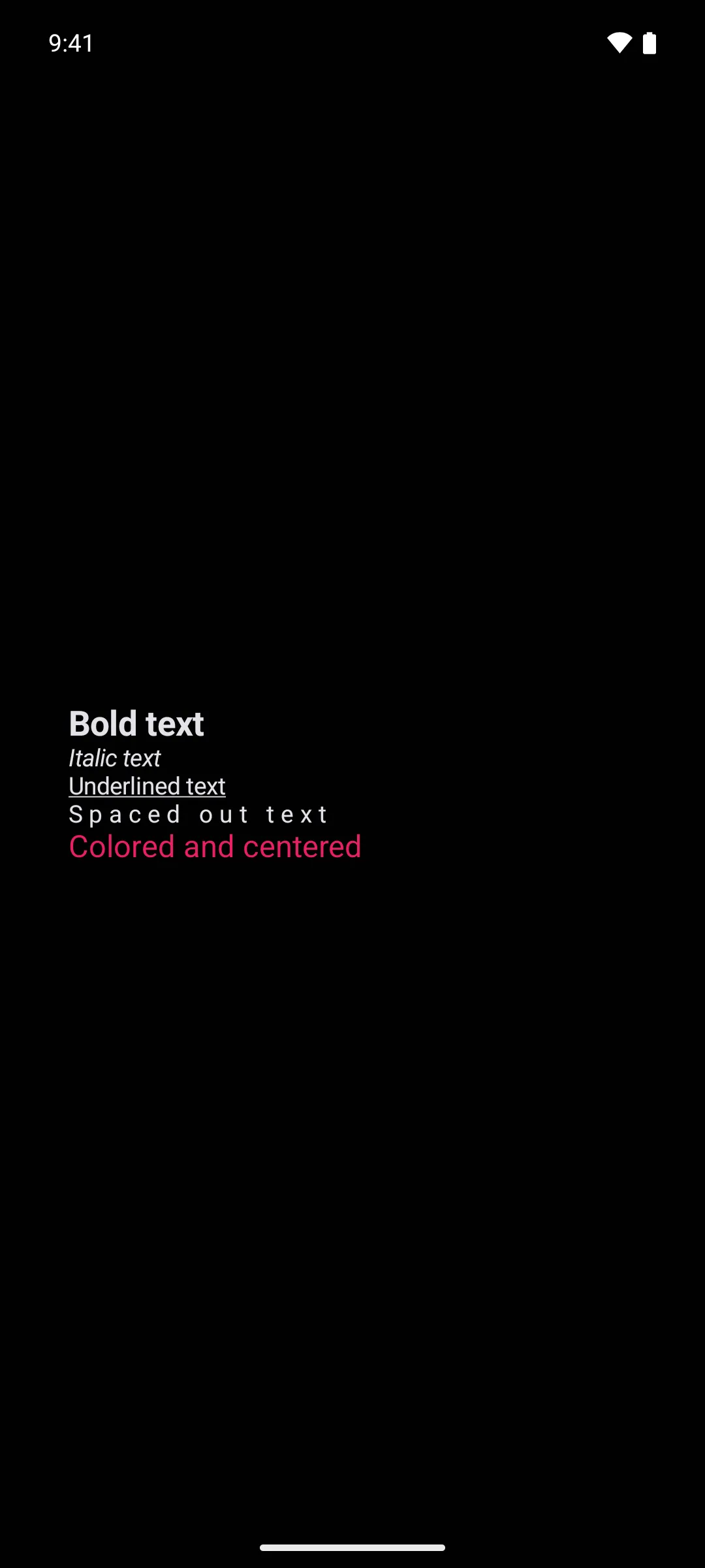 Five lines showing bold, italic, underlined, letter-spaced, and pink centered text