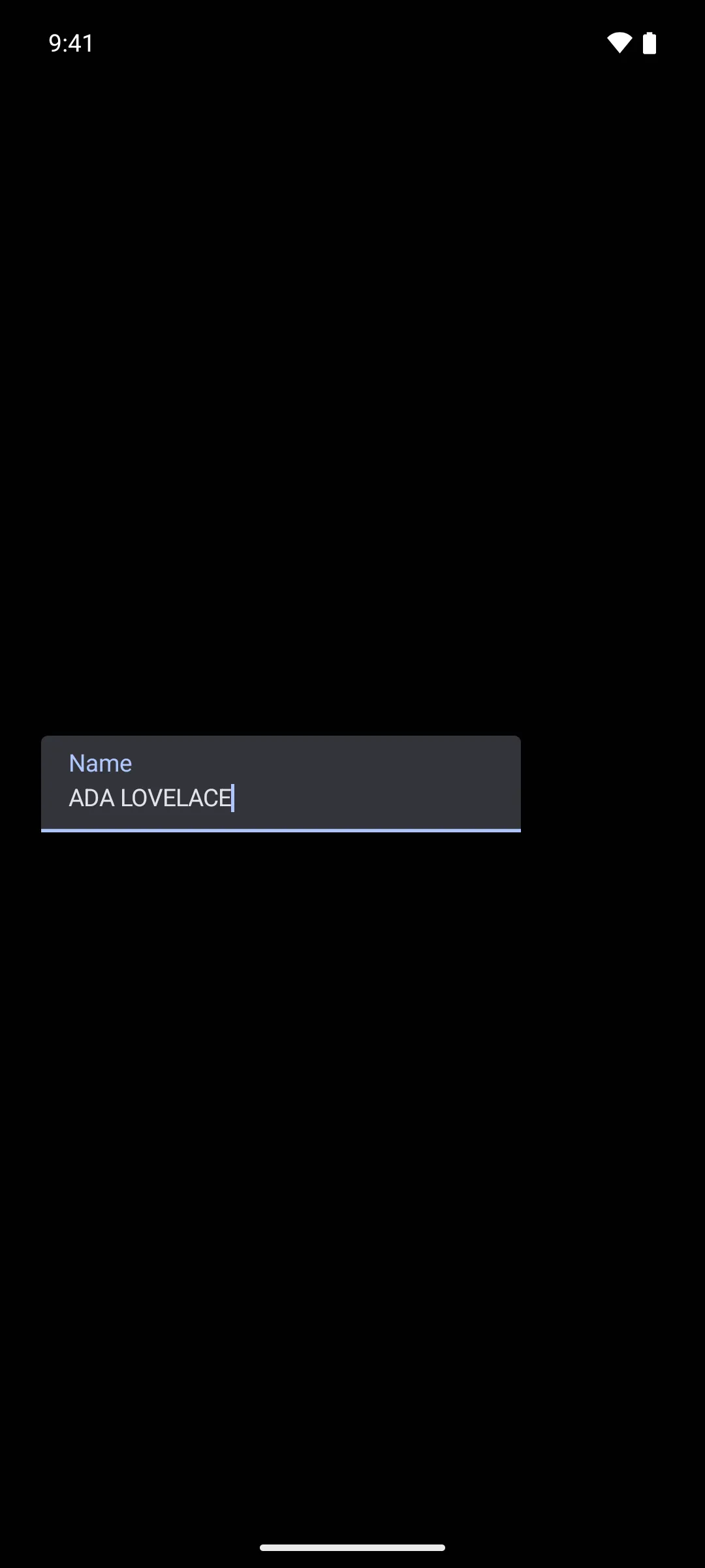 A text field labelled Name containing ADA LOVELACE, uppercased as it was typed