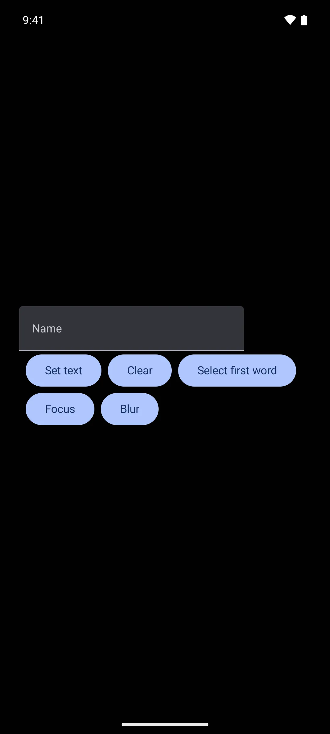 A text field above five buttons: Set text, Clear, Select first word, Focus, and Blur