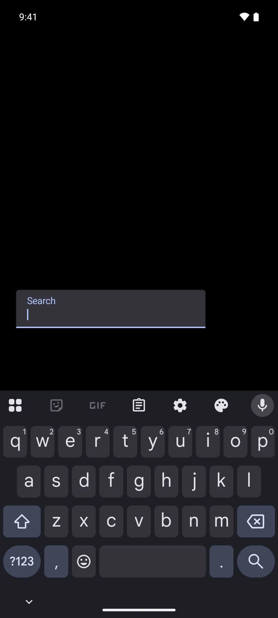 A focused search field above a keyboard whose action key is a magnifying glass
