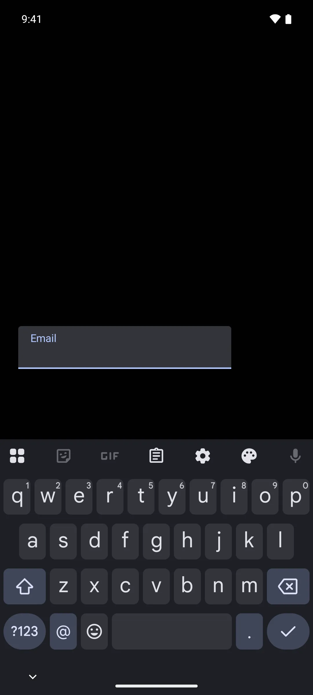 A focused email field above the email keyboard, which shows a dedicated at-sign key and a done action