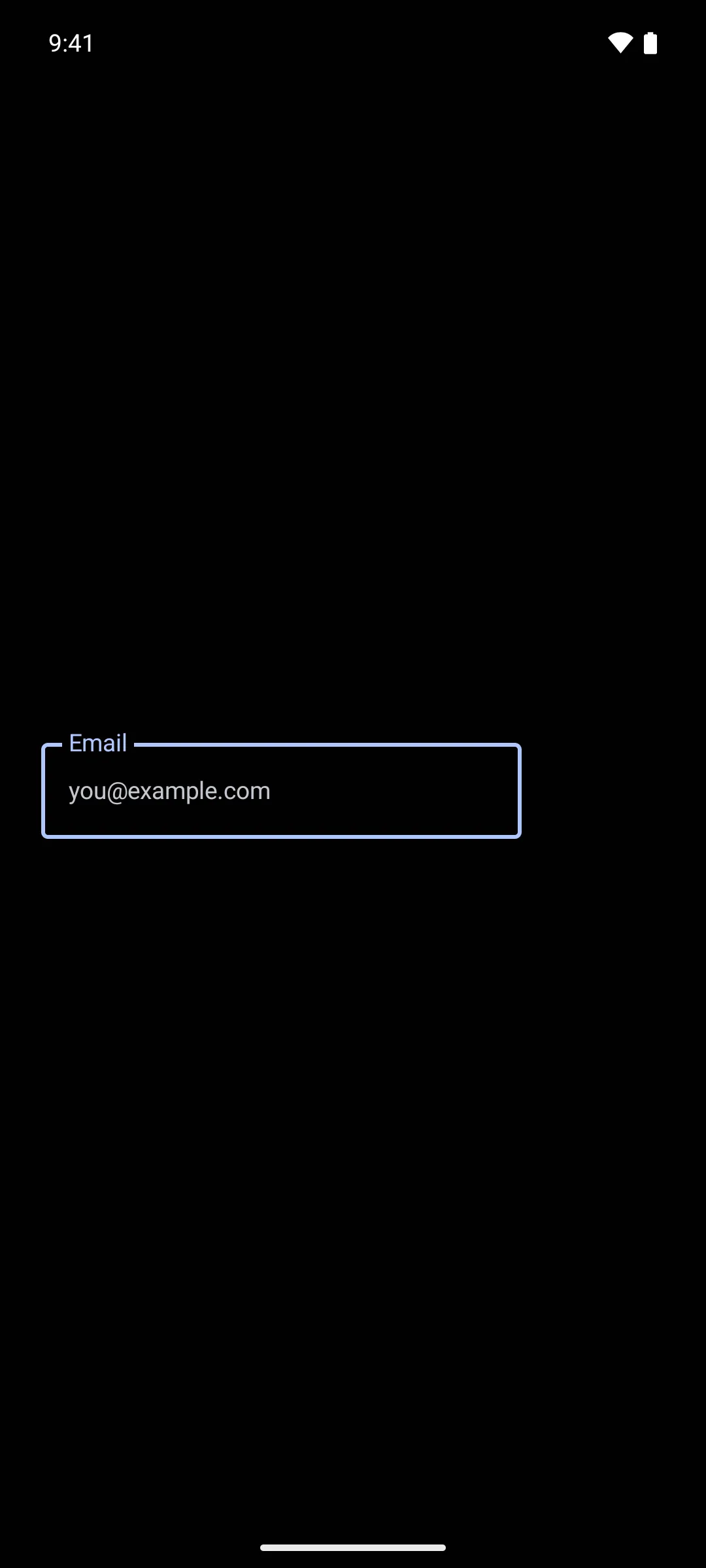 A focused outlined text field with the Email label in the border notch and a placeholder
