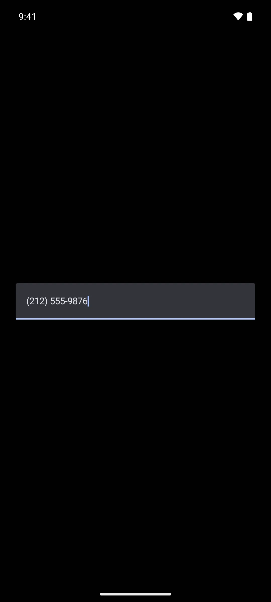 A full-width text field showing 2125559876 masked as a formatted phone number