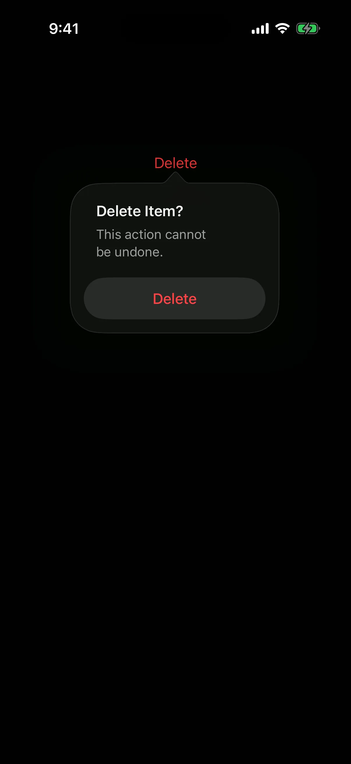 A dialog titled Delete Item? with a message and a red Delete button
