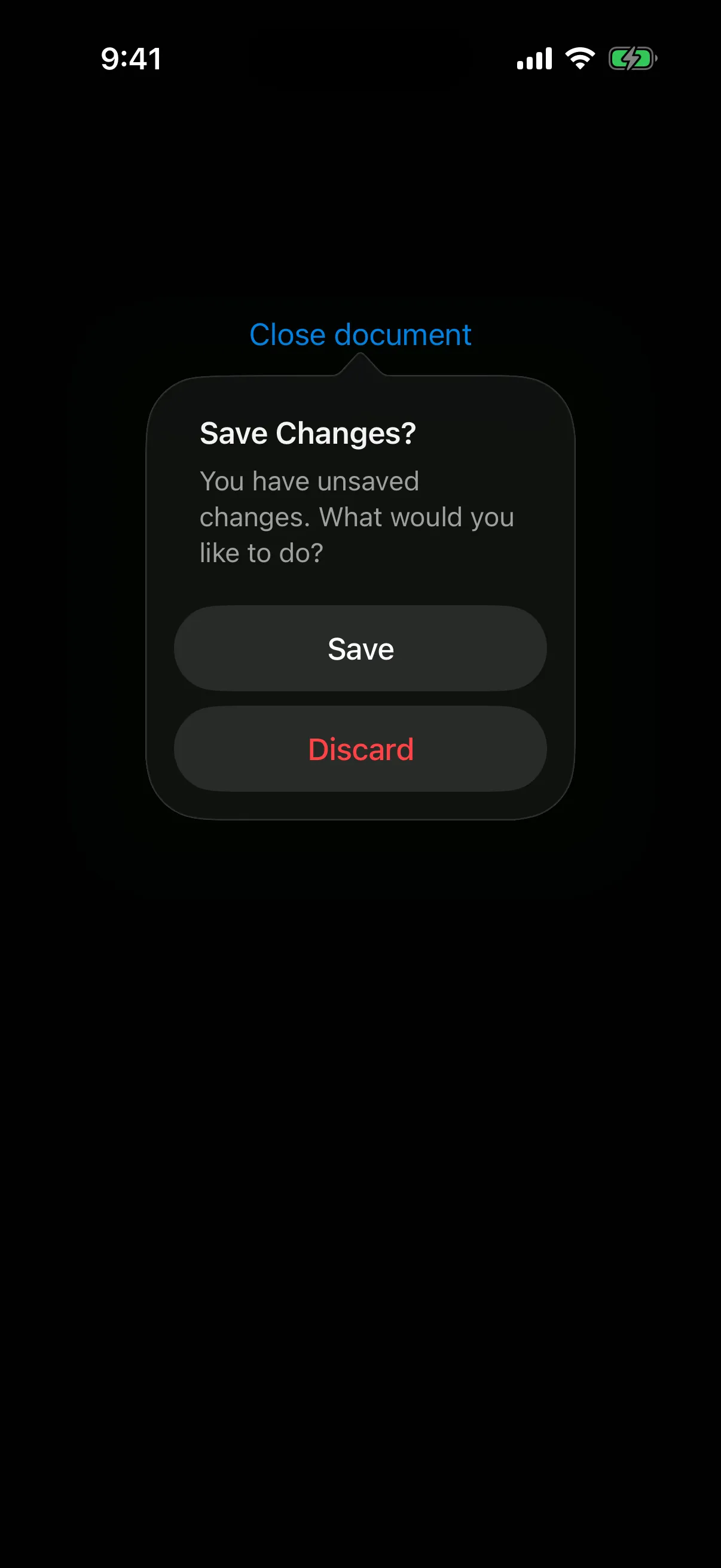 A dialog titled Save Changes? with a message, a Save button, and a red Discard button