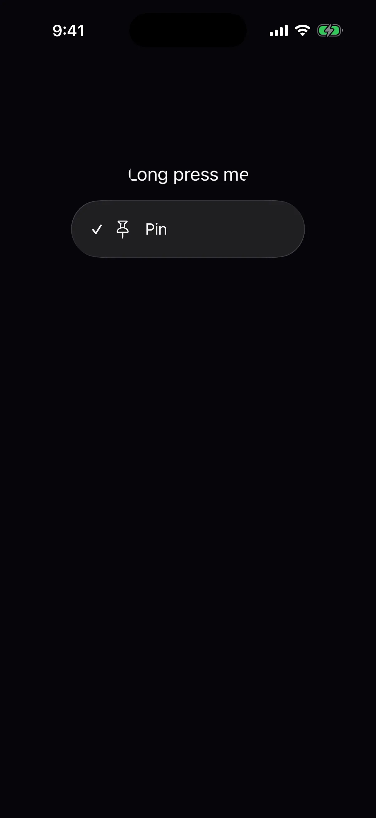 A context menu row labelled Pin with a pin icon and a leading checkmark