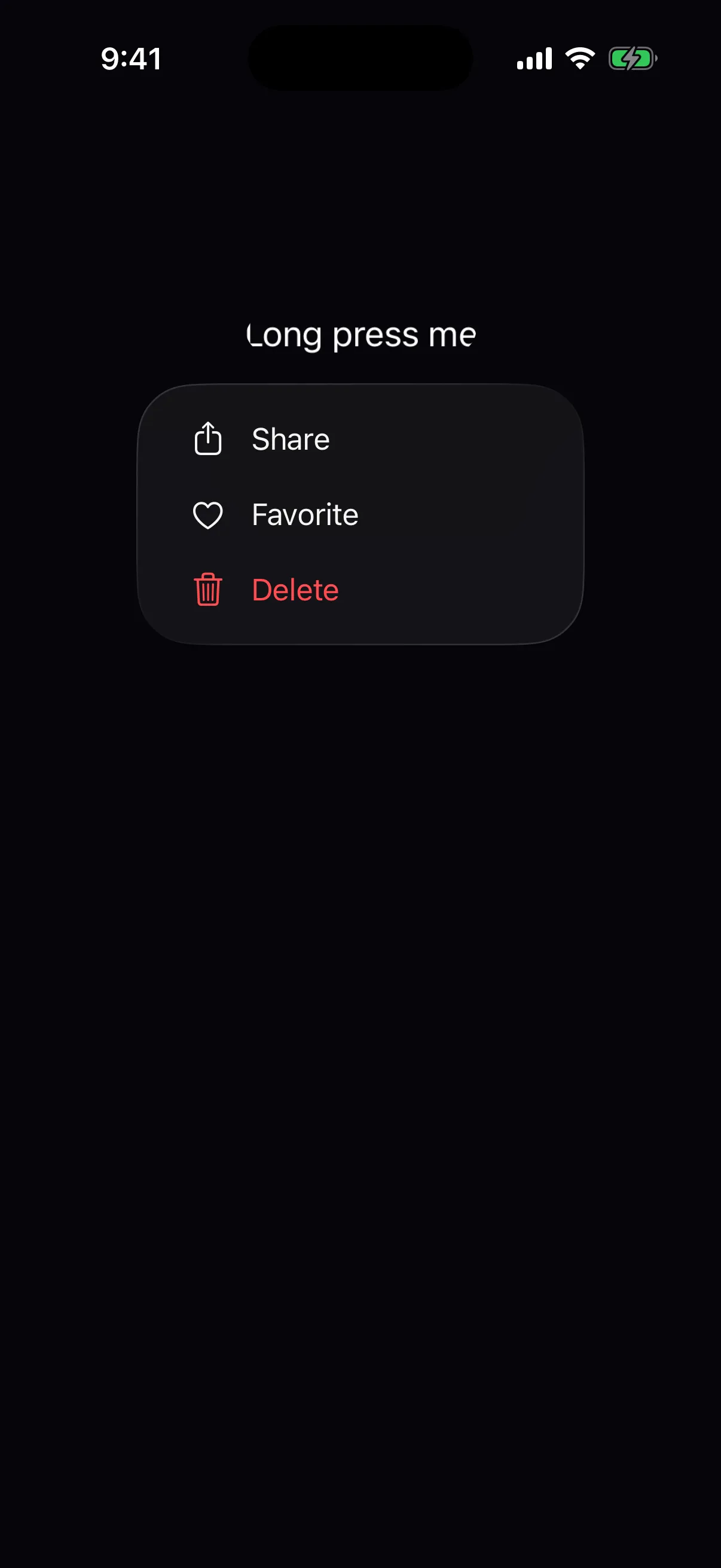 A context menu listing Share, Favorite, and a red Delete, each with an SF Symbol