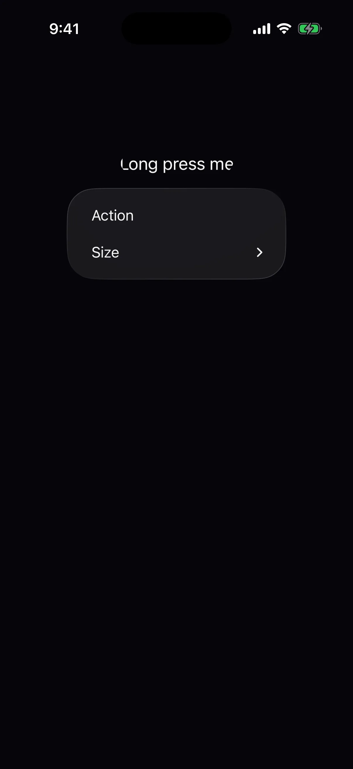 A context menu listing Action and a Size row with a submenu chevron