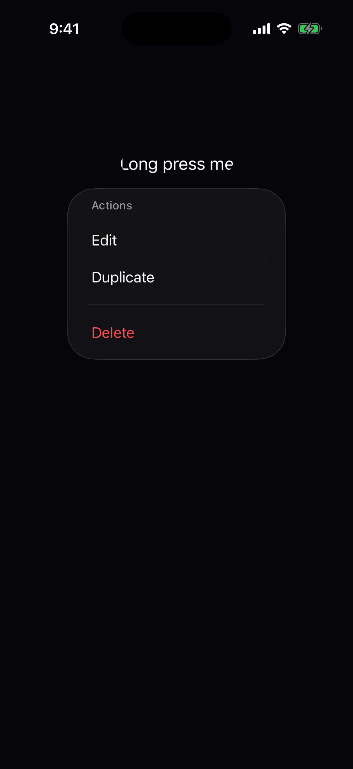 A context menu with an Actions section holding Edit and Duplicate, a divider, and Delete