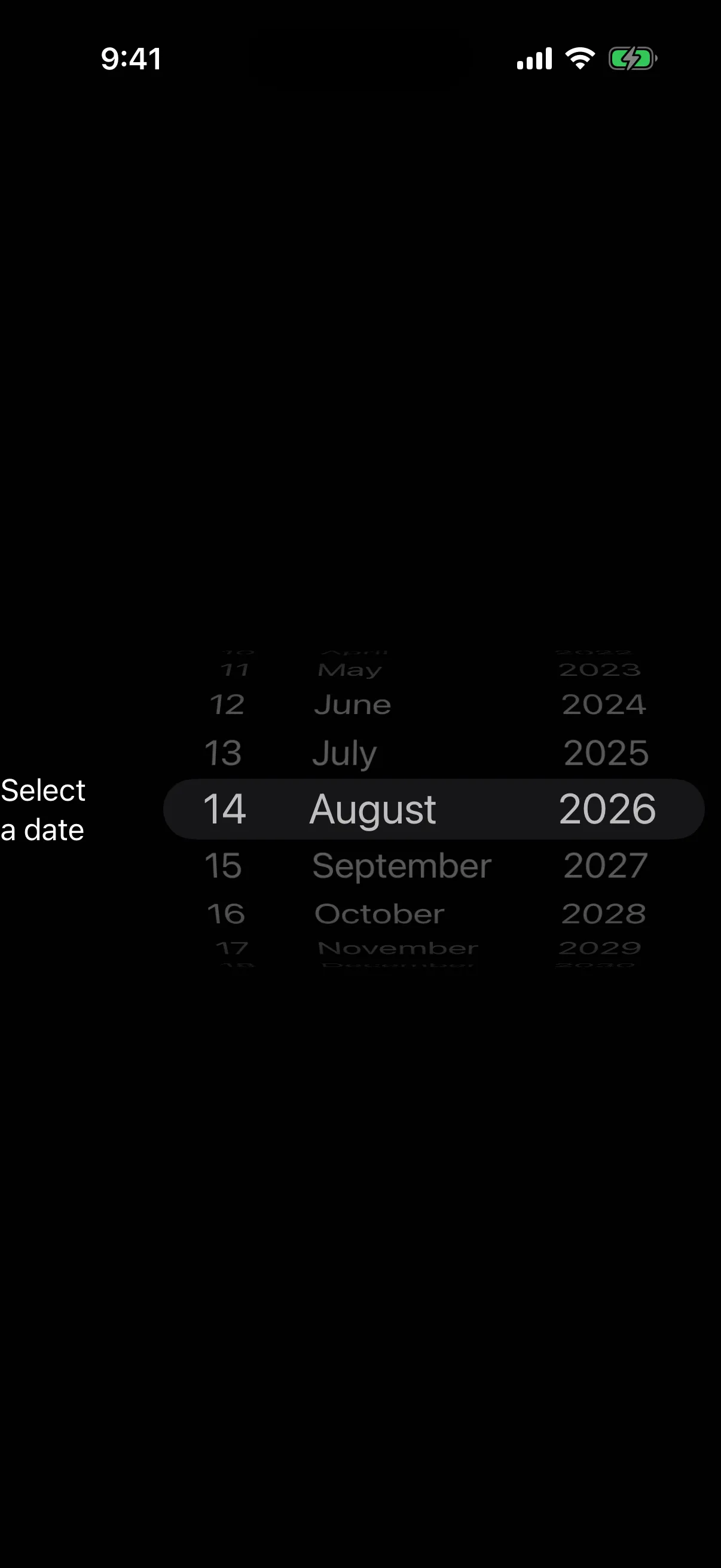 A wheel style picker with day, month, and year columns