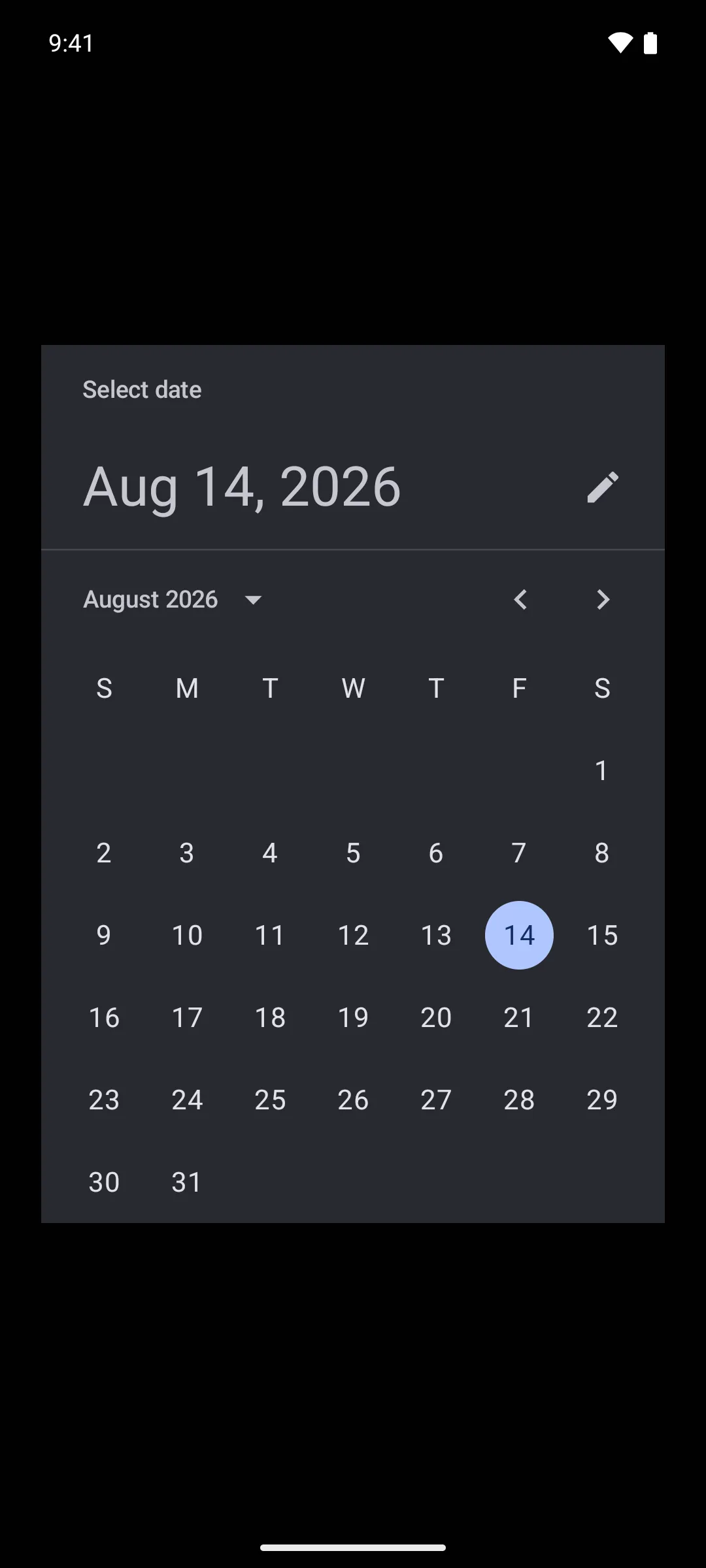 A Material 3 date picker showing August 2026 with the 14th selected