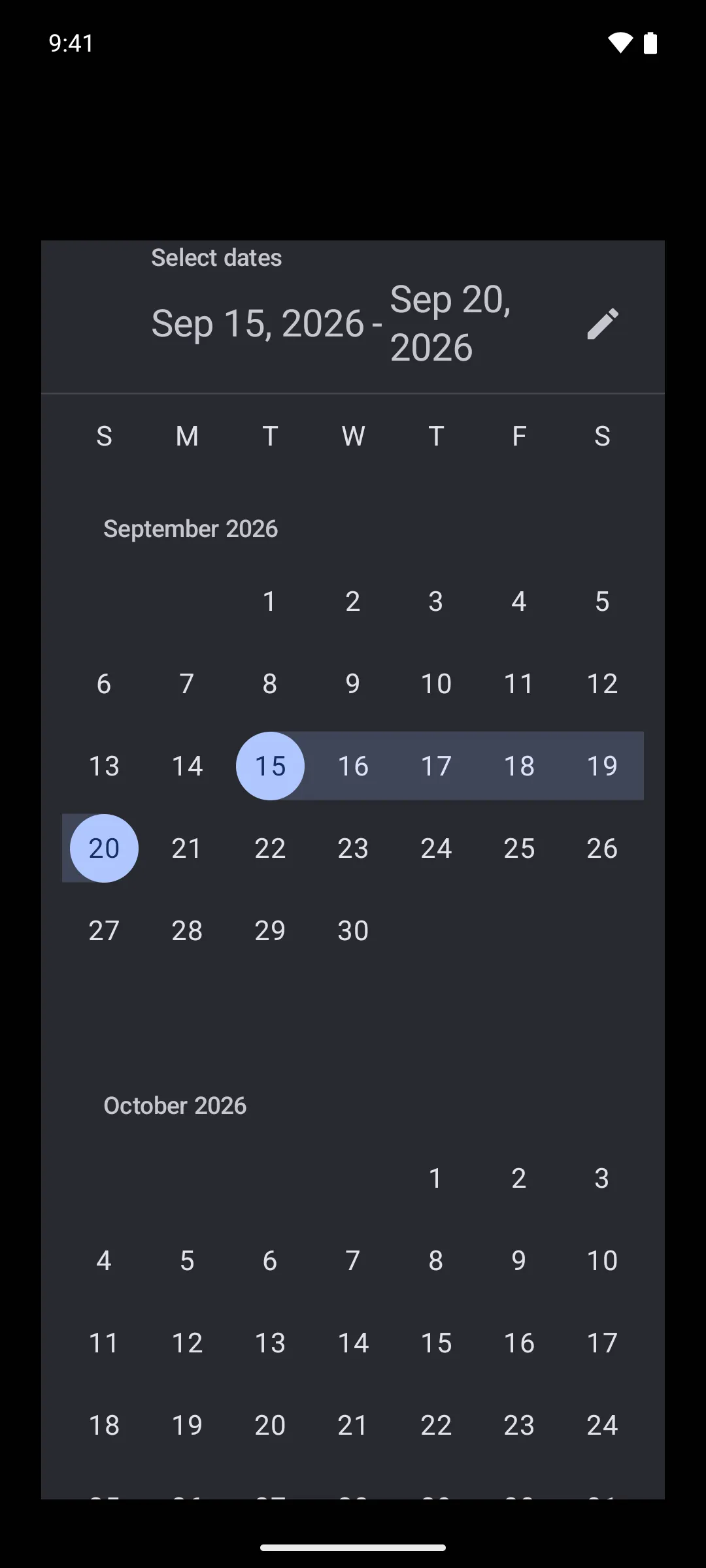 A date range picker with a five day range selected and the days between it highlighted