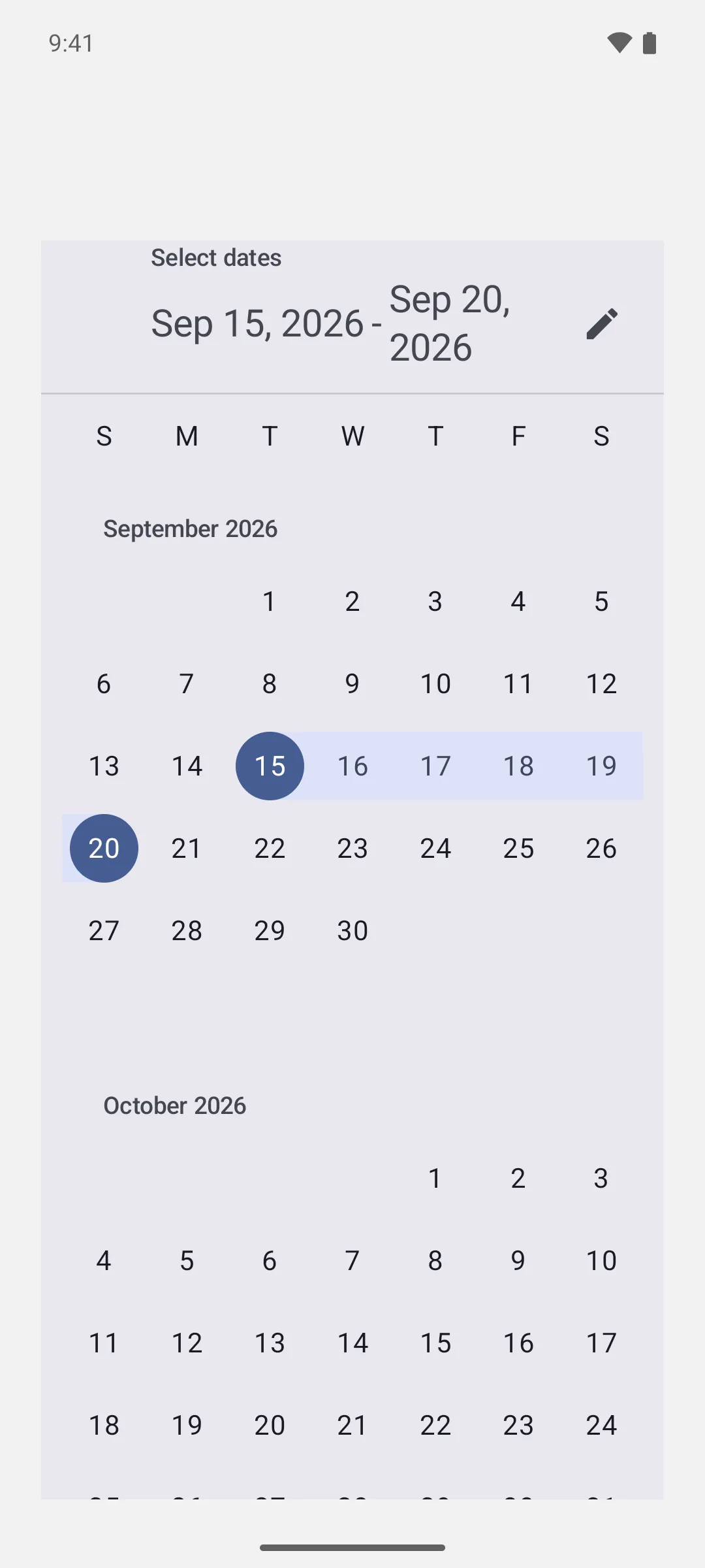 A date range picker with a five day range selected and the days between it highlighted