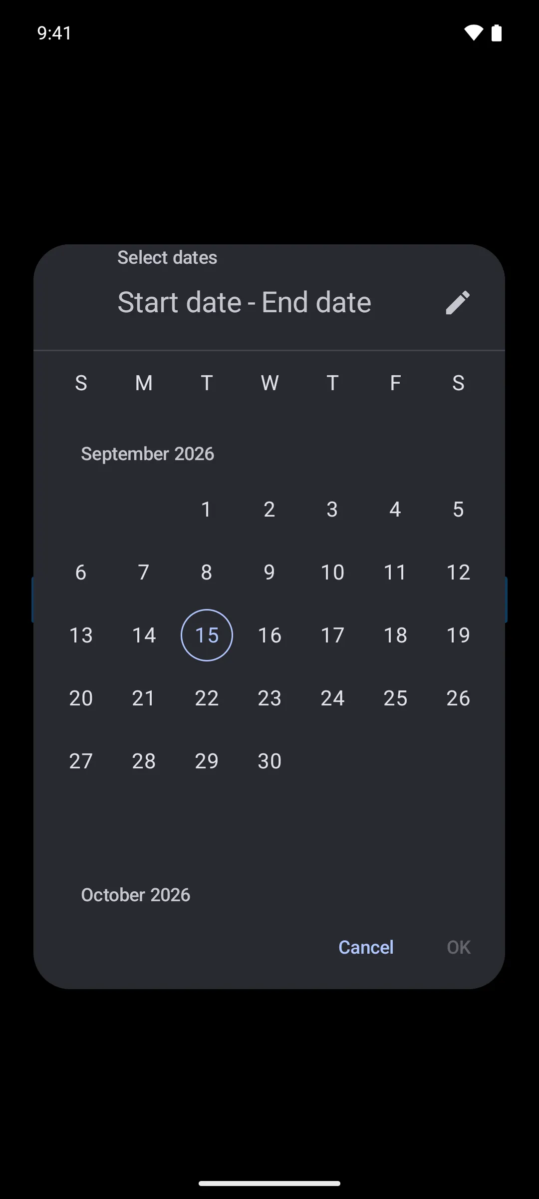 A modal date range picker dialog with an empty start and end date and Cancel and OK buttons