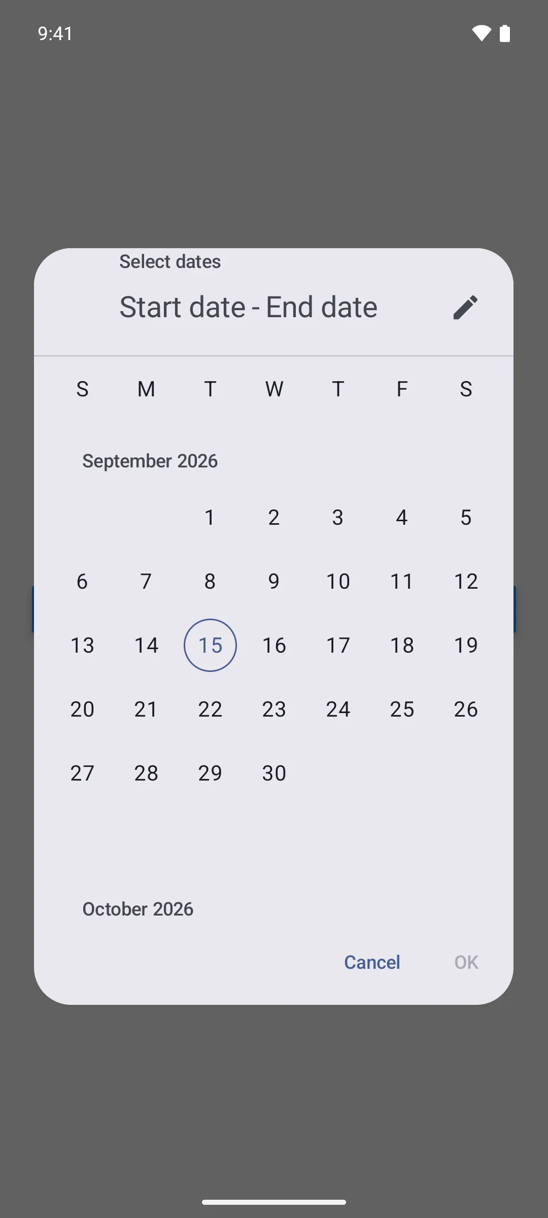 A modal date range picker dialog with an empty start and end date and Cancel and OK buttons