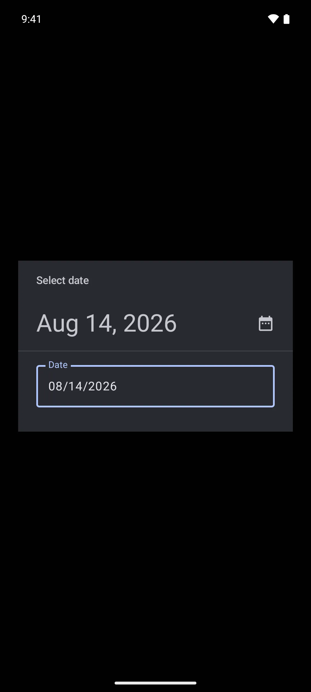 A date picker in input mode with a Date text field containing 08/14/2026