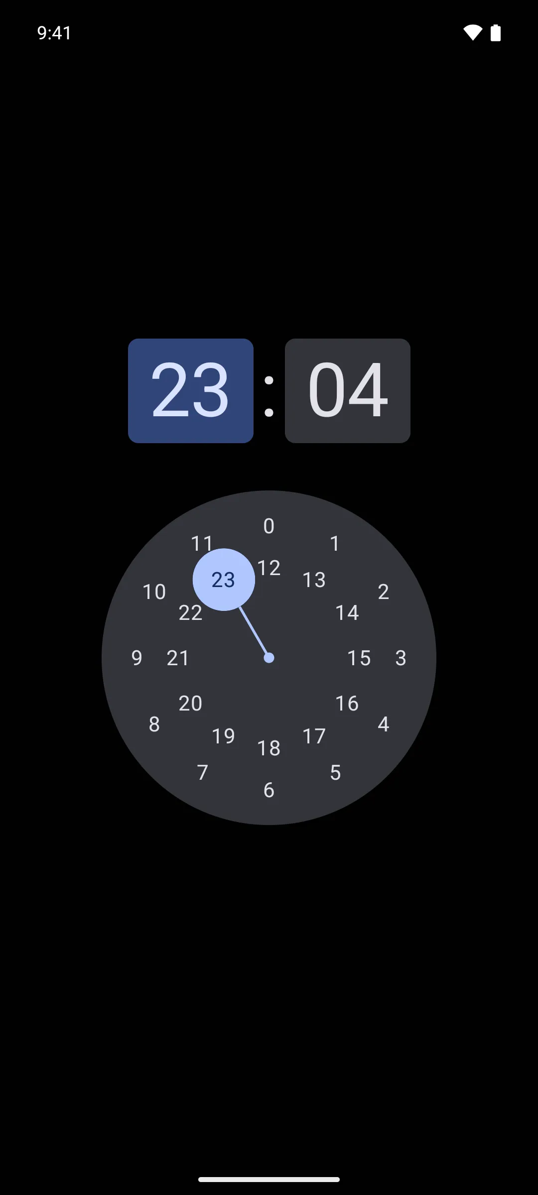 A 24-hour time picker dial set to 23:04 with the hour field selected
