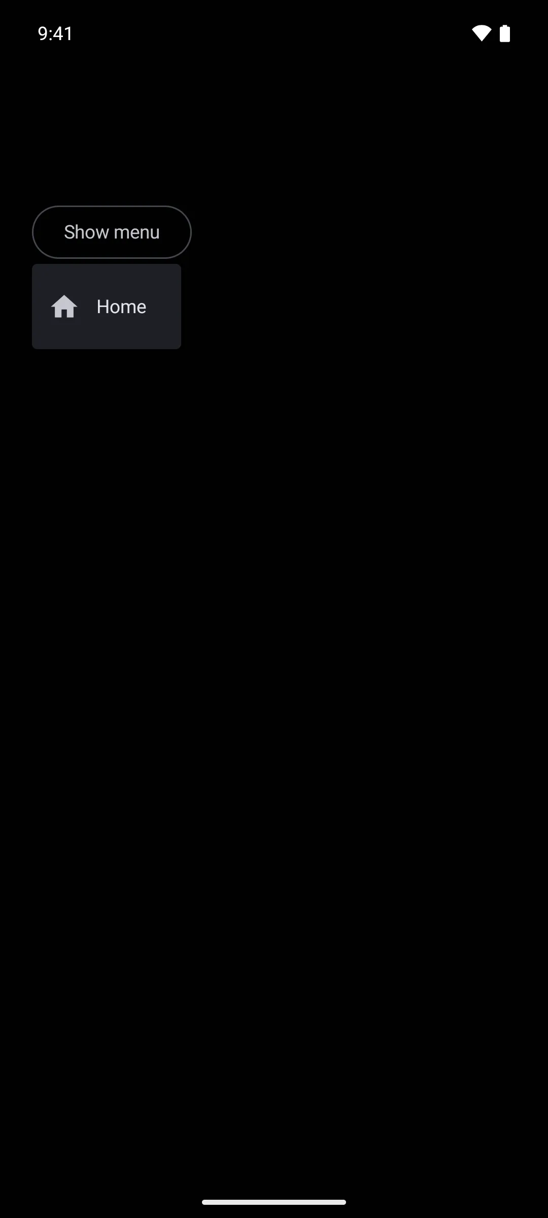An outlined Show menu button with an open menu below it holding one Home item and a house icon