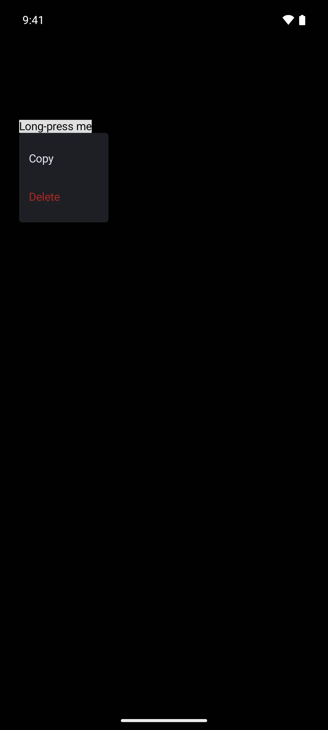 A menu opened by long press, holding Copy and a red Delete item