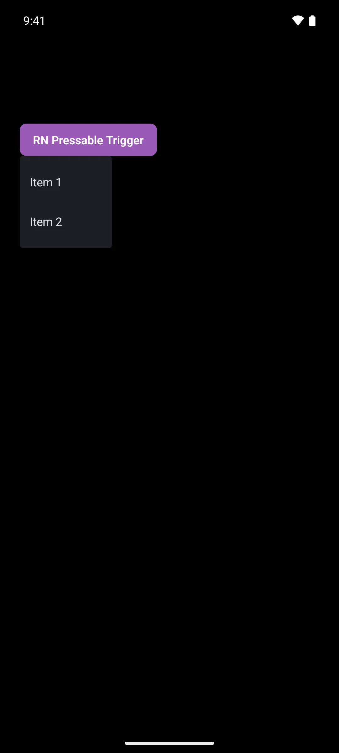 A purple React Native button with an open menu below it holding Item 1 and Item 2