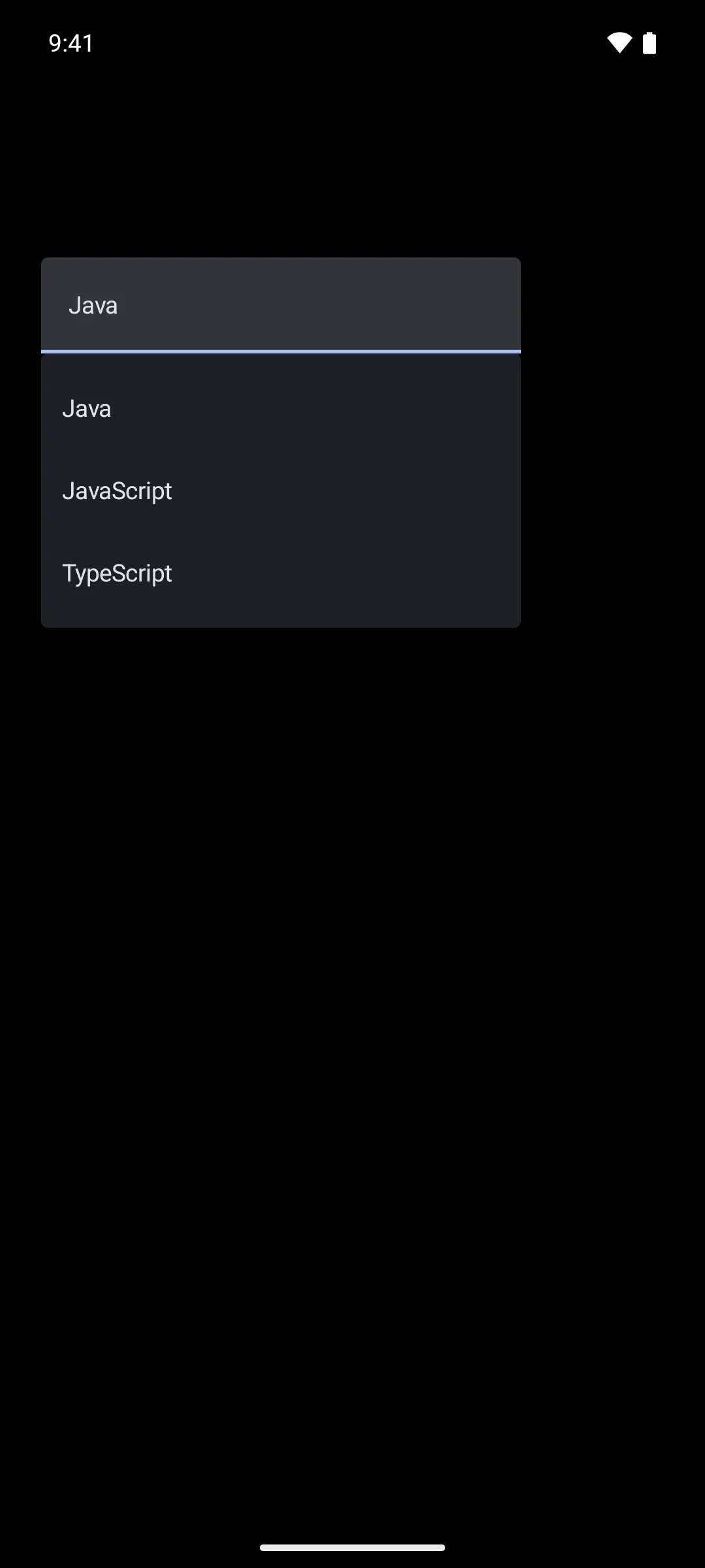 A read-only text field showing Java with an open menu below it listing Java, JavaScript, and TypeScript